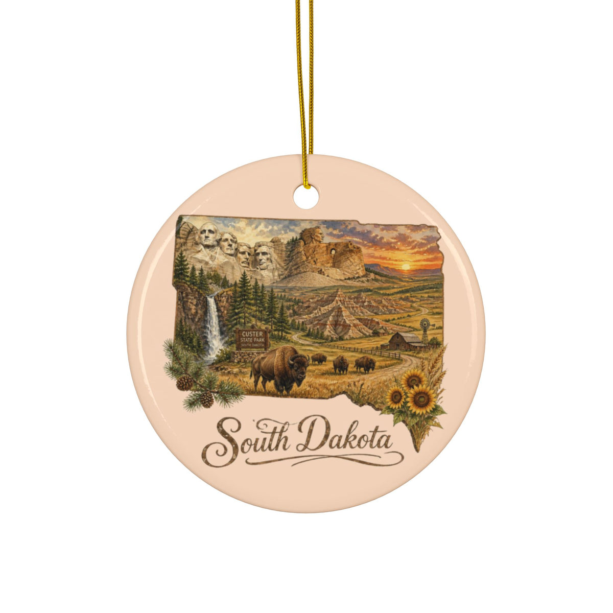 South Dakota Landscape Ceramic Ornament | State Scene Round Ornament - 2.99" Includes Gold String