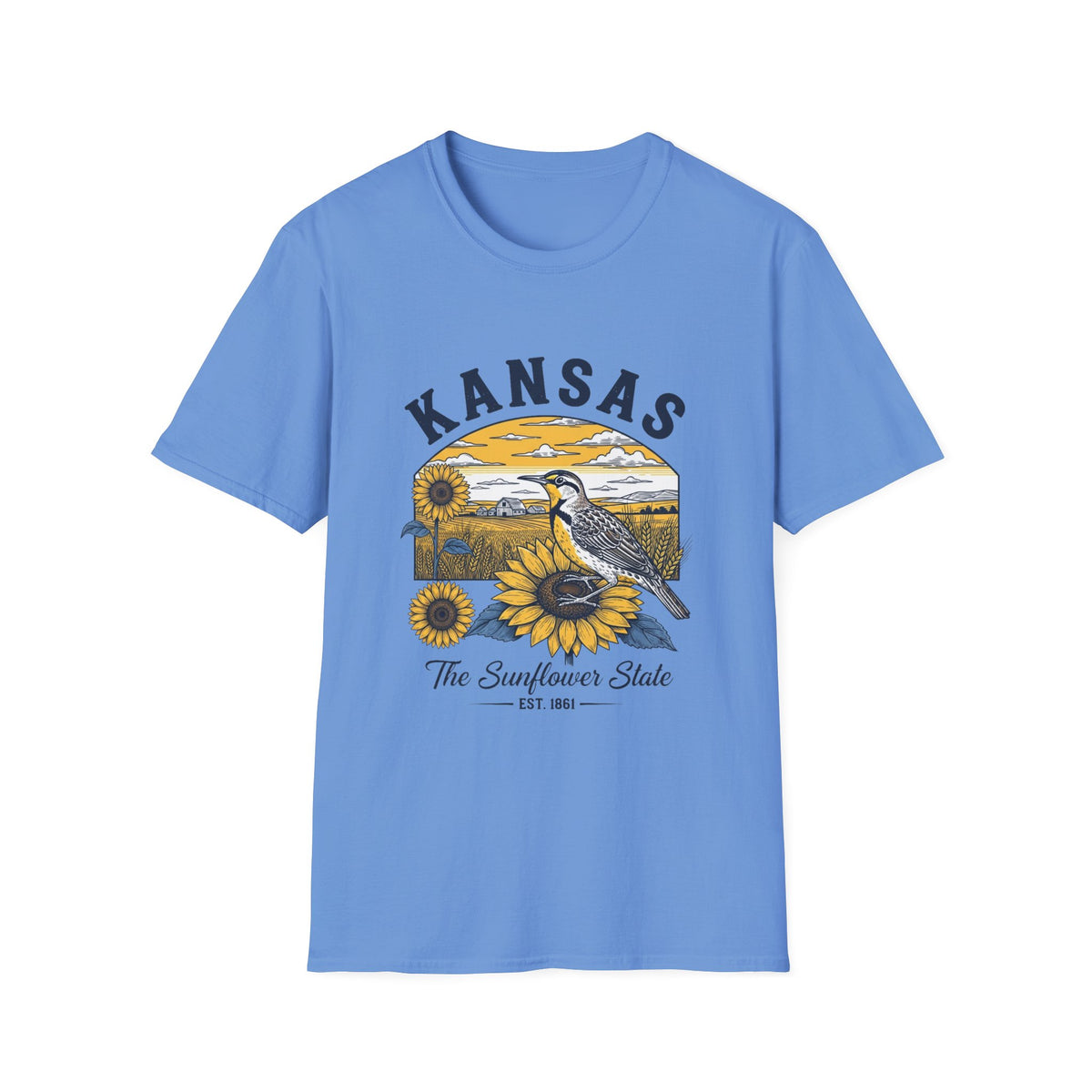 Kansas Sunflower State T-Shirt — Meadowlark Sunflowers Travel Tourist Graphic Design Unisex 100 Cotton Gildan T-Shirt