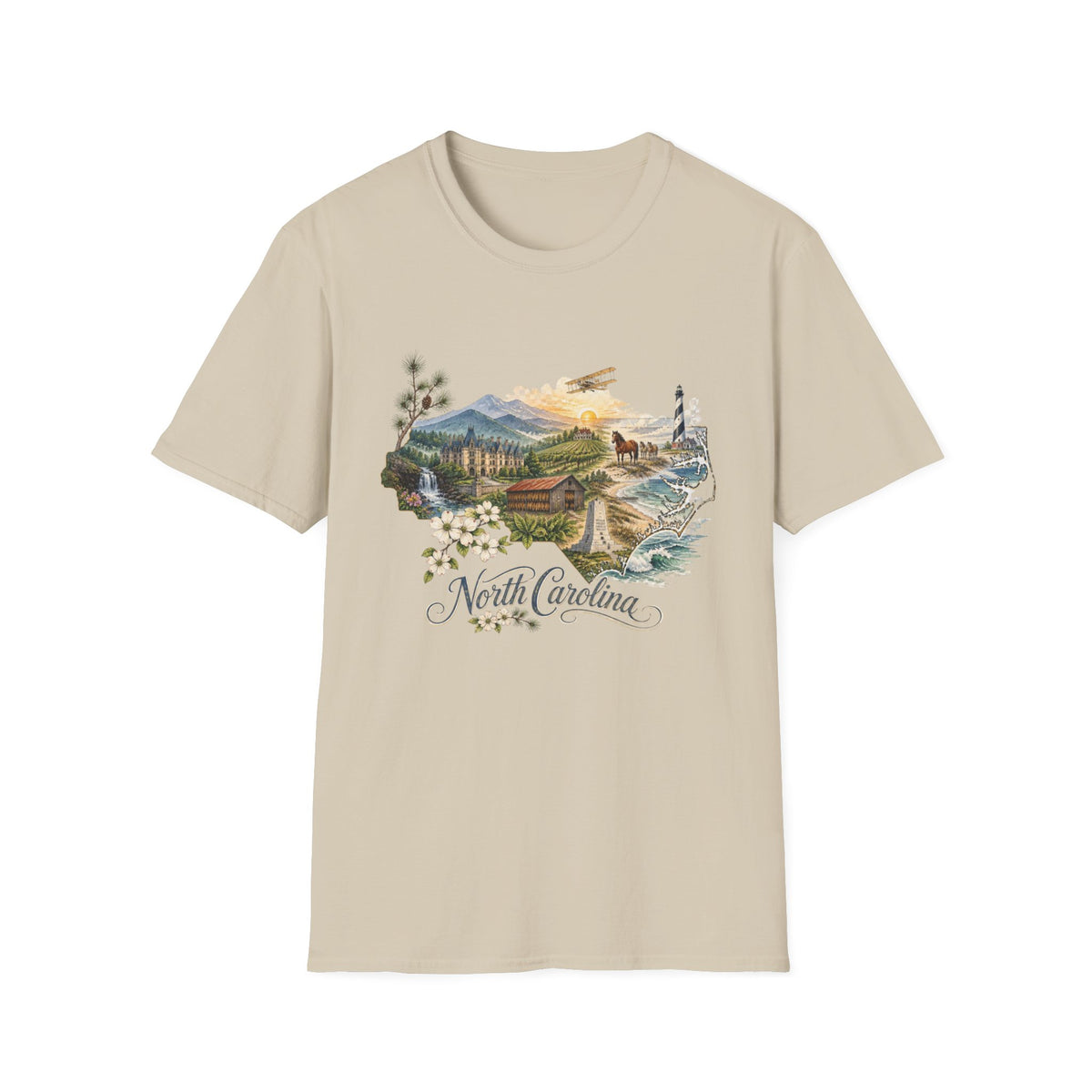 North Carolina State Travel Tourist Graphic Design Unisex 100 Cotton Gildan T-Shirt