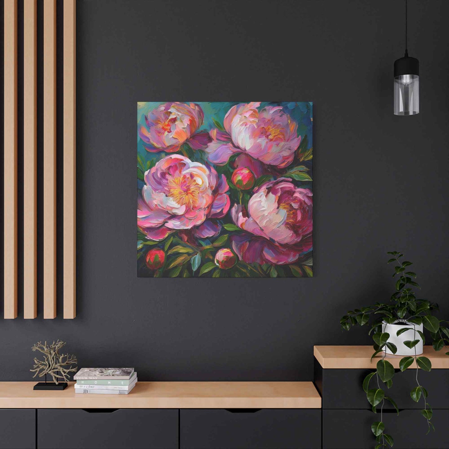 Pink Peonies Print Canvas, Floral Oil Paint Print 20x20, 24x24, 30x30, 32x32, 36x36 Art Design Pine-Wood Inner Frame MC-114