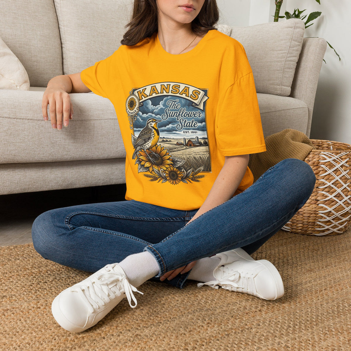 Kansas Sunflower State T-Shirt | Meadow Bird Vintage Travel Tourist Graphic Design Unisex 100 Cotton Gildan T-Shirt