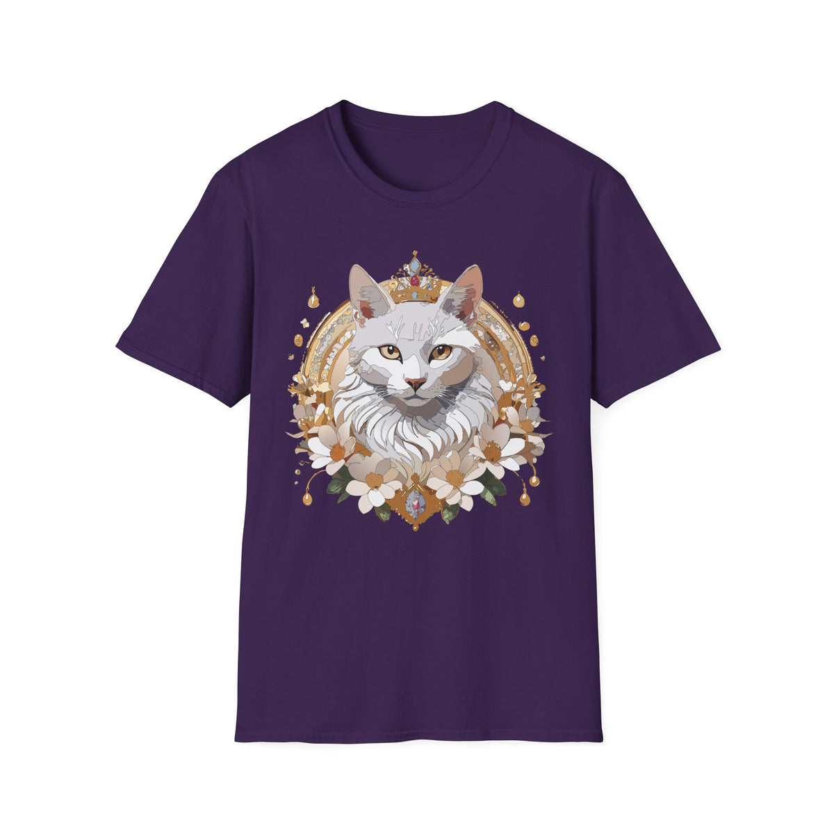 Regal White Cat Illustration T-Shirt | Crowned Feline Art