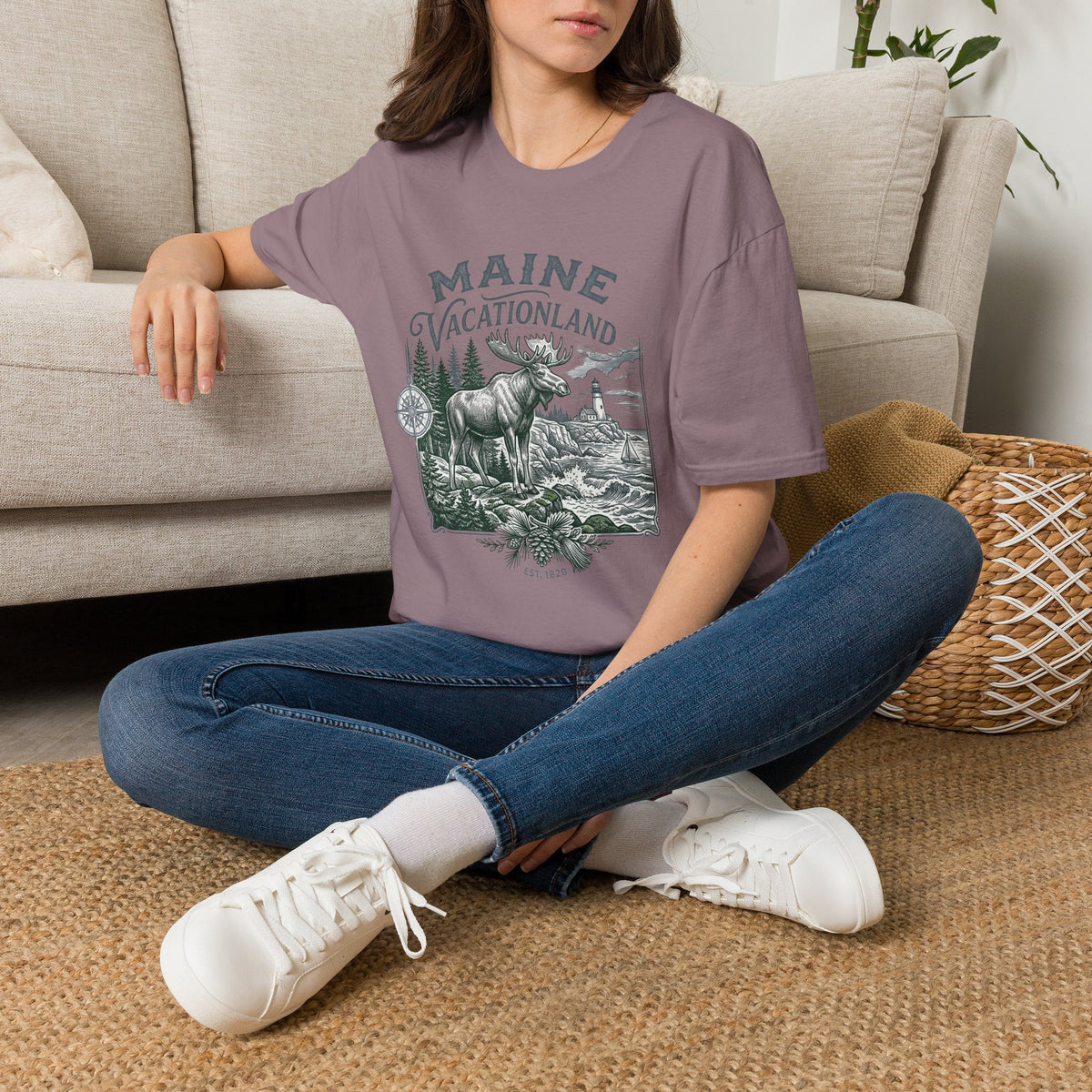 Maine Vacationland T-Shirt – Vintage Moose, Lighthouse State Travel Travel Tourist Graphic Design Unisex 100 Cotton Gildan T-Shirt