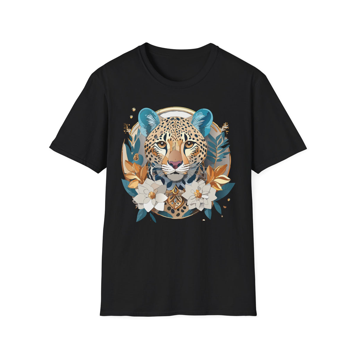 Boho Cheetah Face T-Shirt | Floral Leaves Illustration