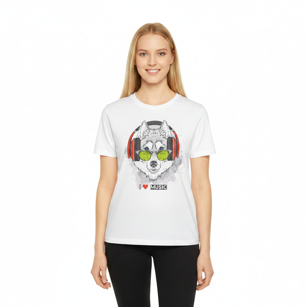 Wolf with Headphones T-Shirt Unisex Cotton Short Sleeves 'I  Music' Graphic Tee