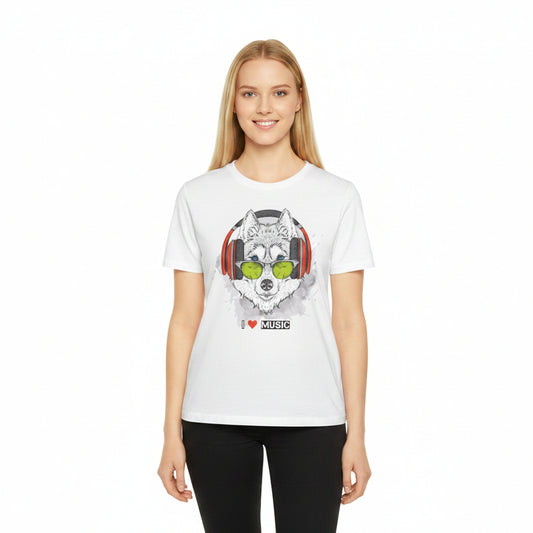 Wolf with Headphones T-Shirt Unisex Cotton Short Sleeves 'I  Music' Graphic Tee