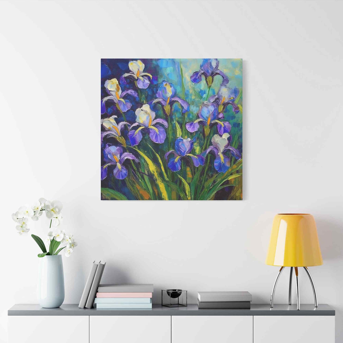 Irises Floral Print Canvas, Floral Oil Paint Print 20x20, 24x24, 30x30, 32x32, 36x36 Art Design Pine-Wood Inner Frame MC-188