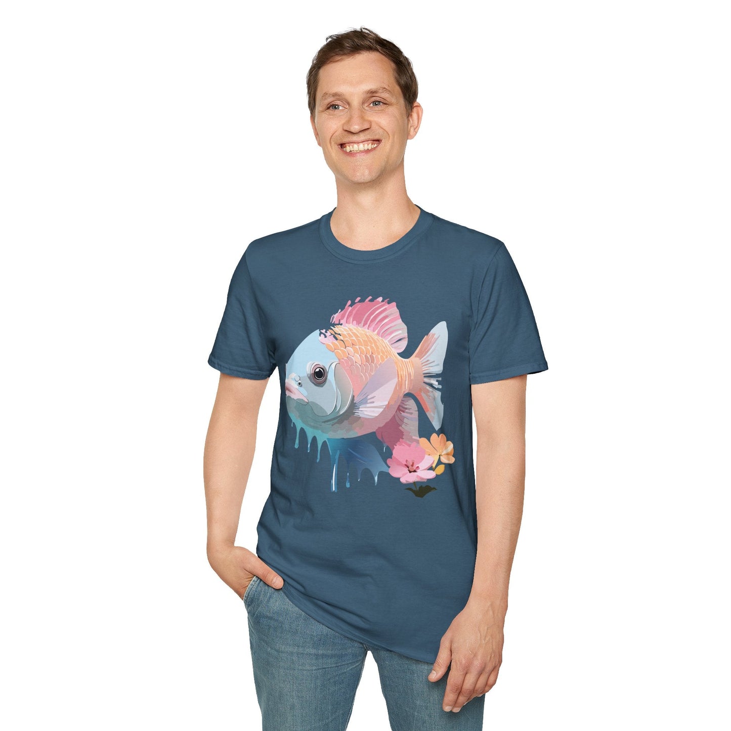 Fish Art Design Shirt Unisex Graphic Tee 100 Percent Ring Spun Cotton Softstyle Gildan 64000