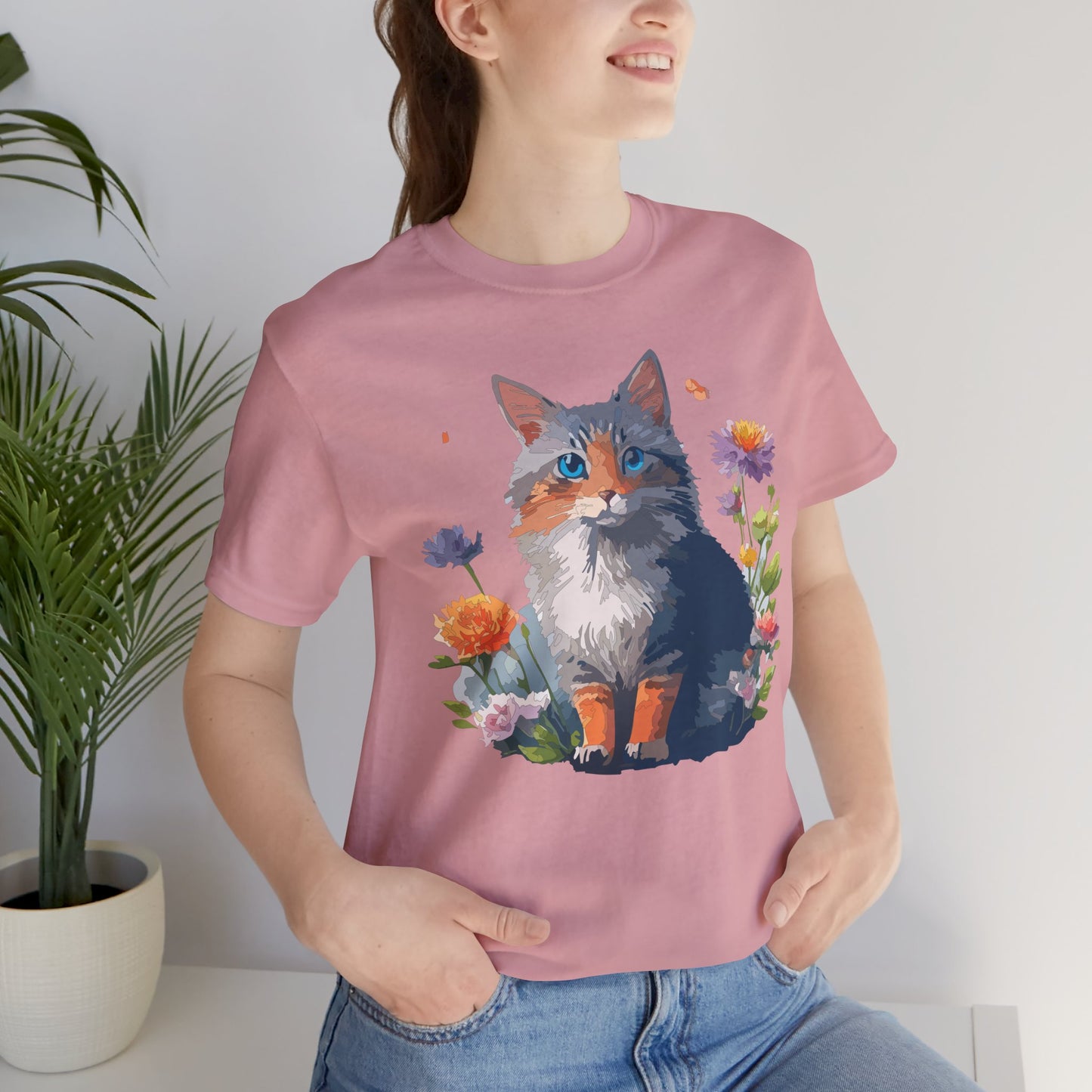 Floral Cat Tee, Animal Shirt, Cat Shirt, Floral Tee, Flower T-shirt, T-Shirt with Animal, Summer Top with Art Design