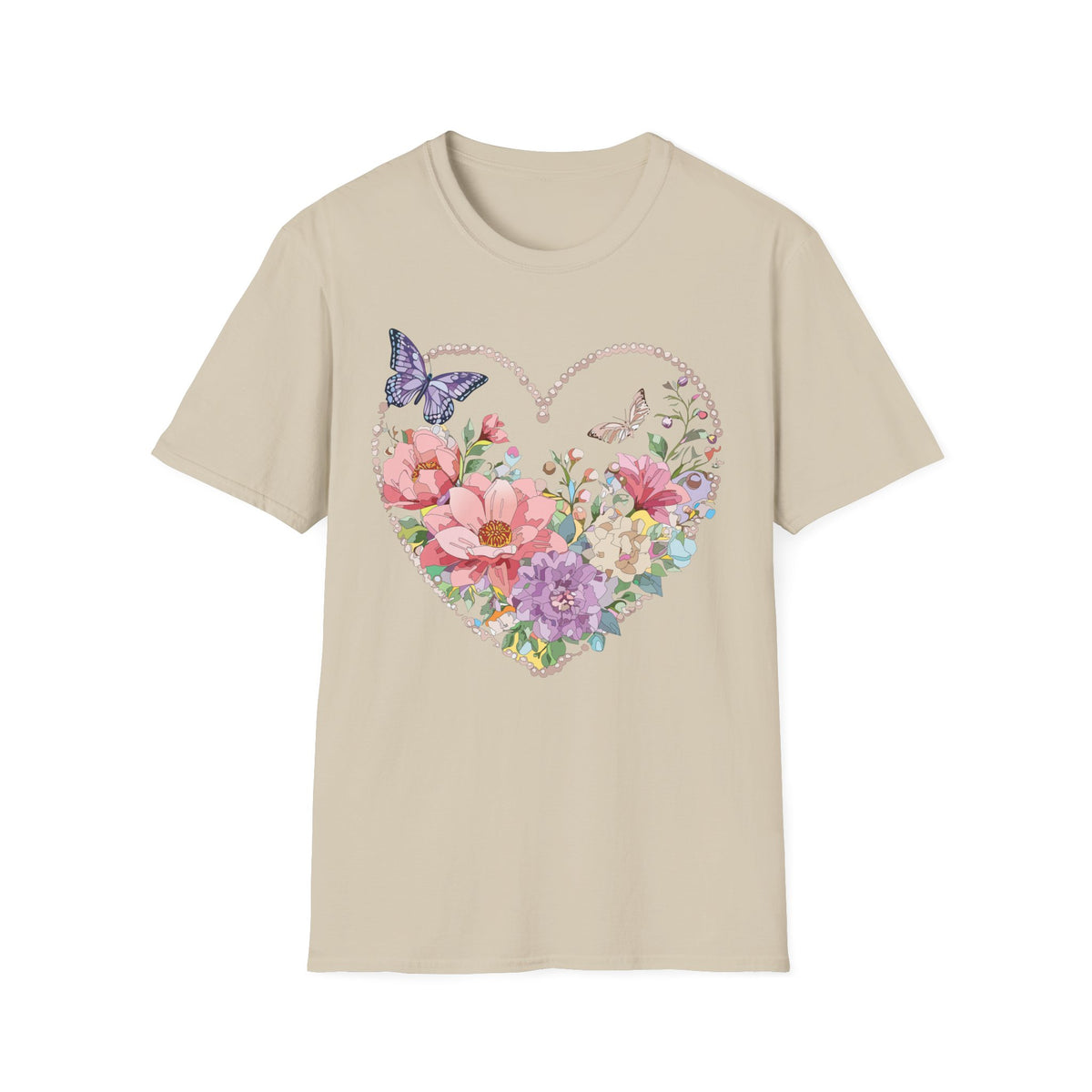 Floral Heart with Butterflies T-Shirt | Romantic Spring Garden Graphic Tee Unisex 100 Cotton Gildan T-Shirt