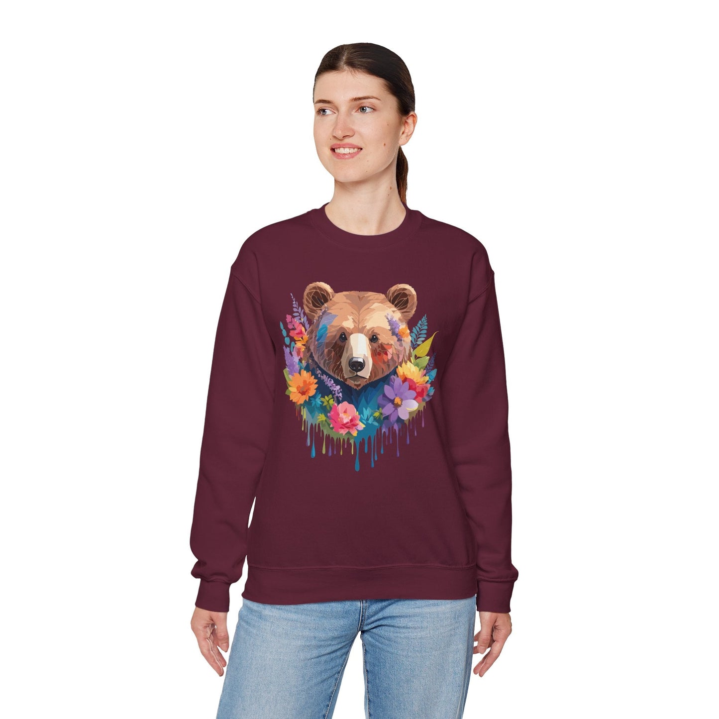 Unisex Floral Bear Sweatshirt Art Design Animals Gildan 18000 Crewneck