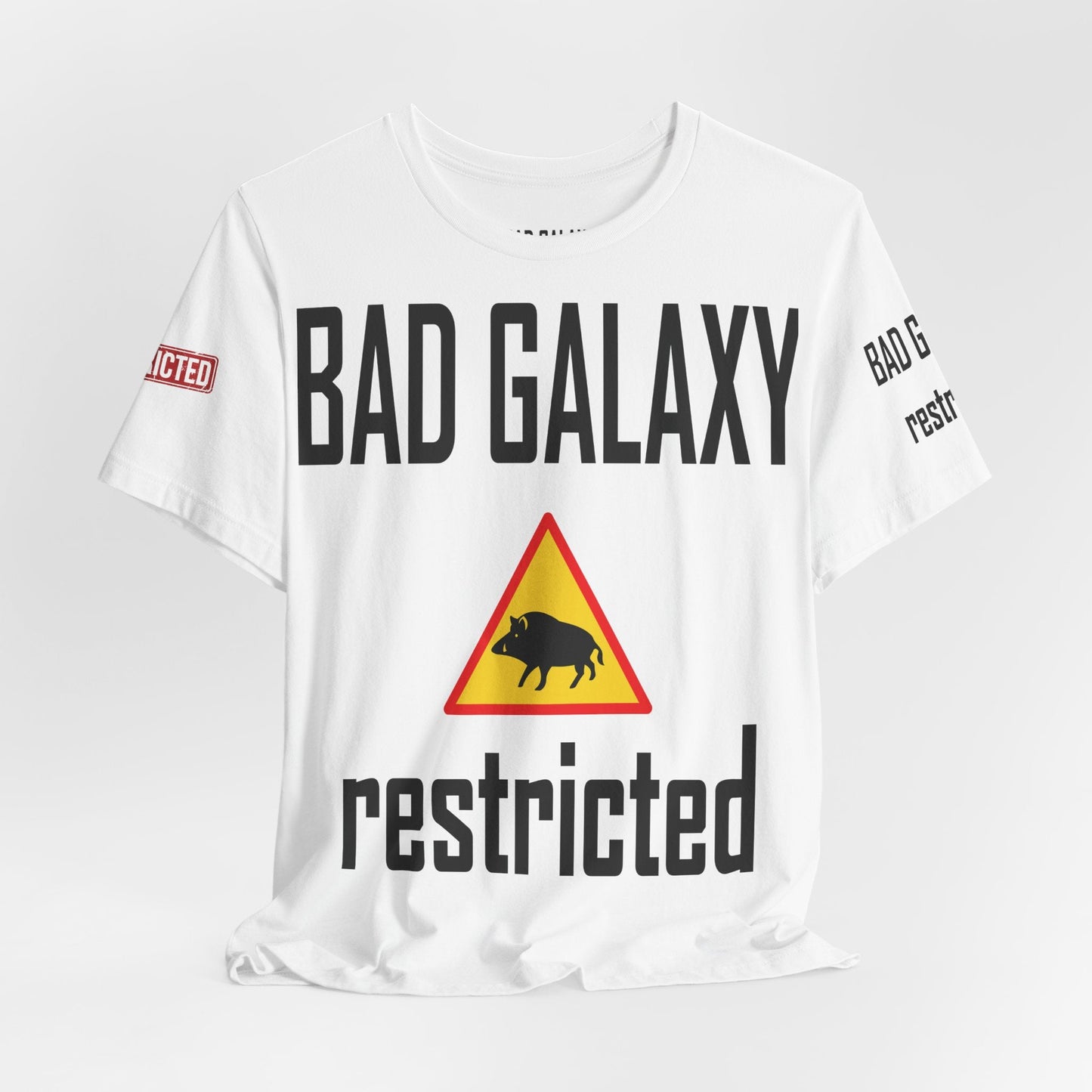 Tee Shirt With Red Stamp Designed And Printed In The USA By Bad Galaxy 100 Percent Cotton
