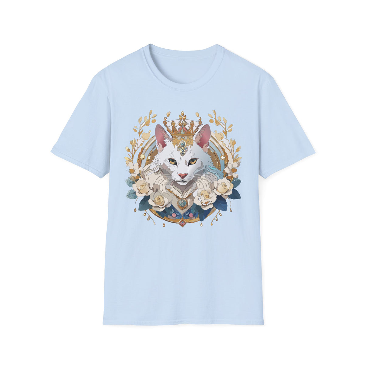 Regal White Cat Illustration T-Shirt | Crowned Feline, Floral Frame