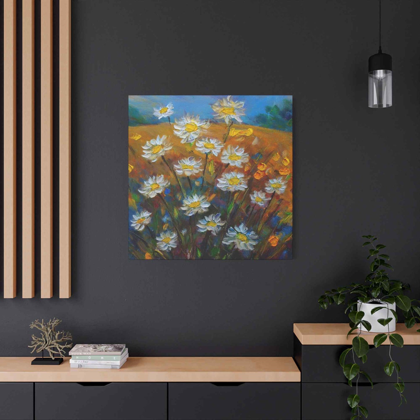 White Daisies Print Canvas, Floral Oil Paint Print 20x20, 24x24, 30x30, 32x32, 36x36 Art Design Pine-Wood Inner Frame MC-126