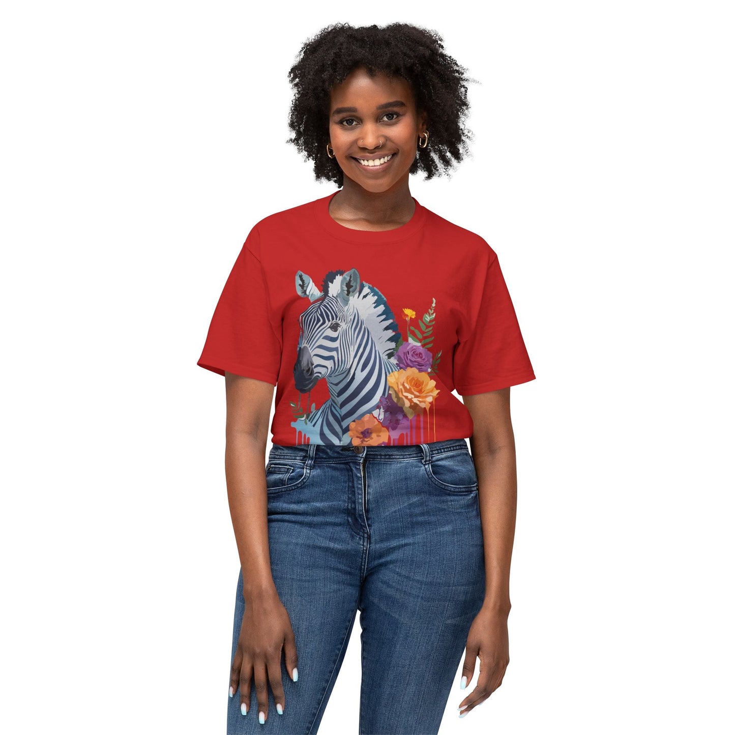 Unisex Zebra T Shirt With Floral Art Print Premium HD Cotton Jersey Tee Made In USA