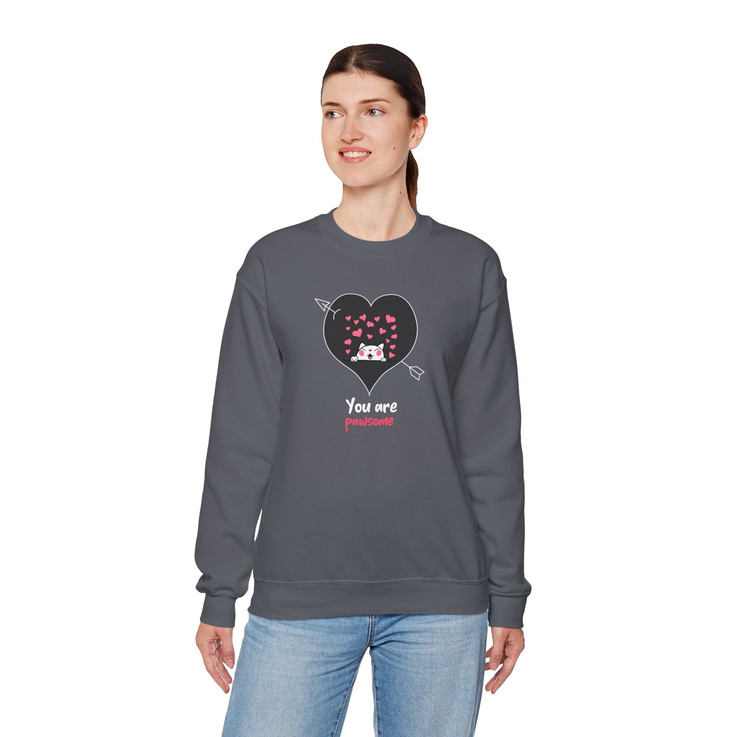 Cat Heart Sweatshirt Valentines Day Fifty Fifty Cotton Poly Unisex Crewneck Gift Idea
