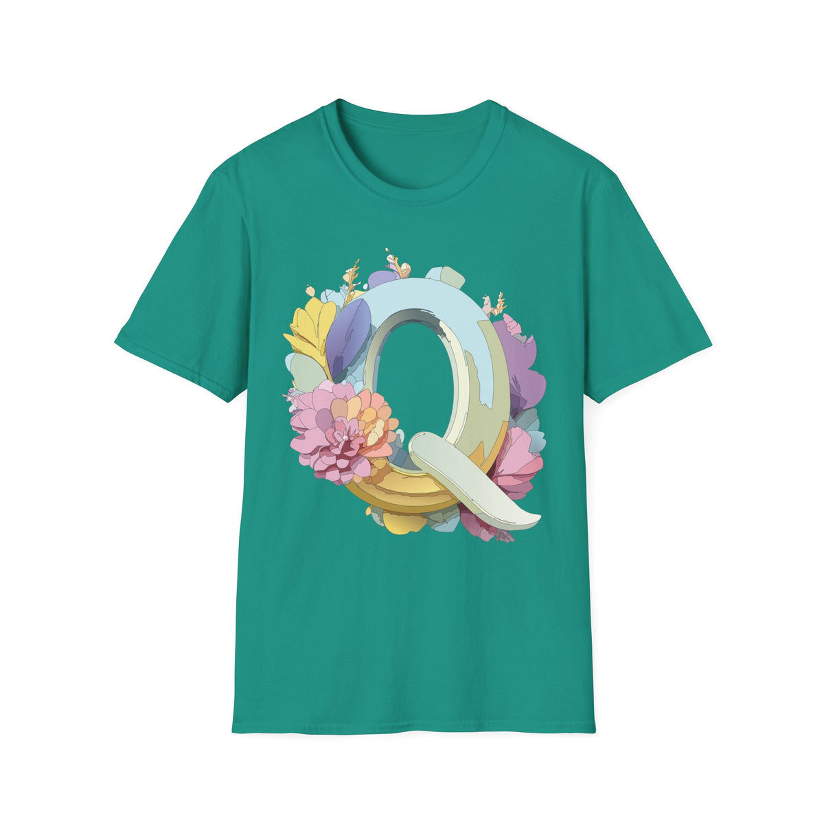 Floral Letter Q T-Shirt | Pastel Monogram Tee, Botanical Initial Shirt
