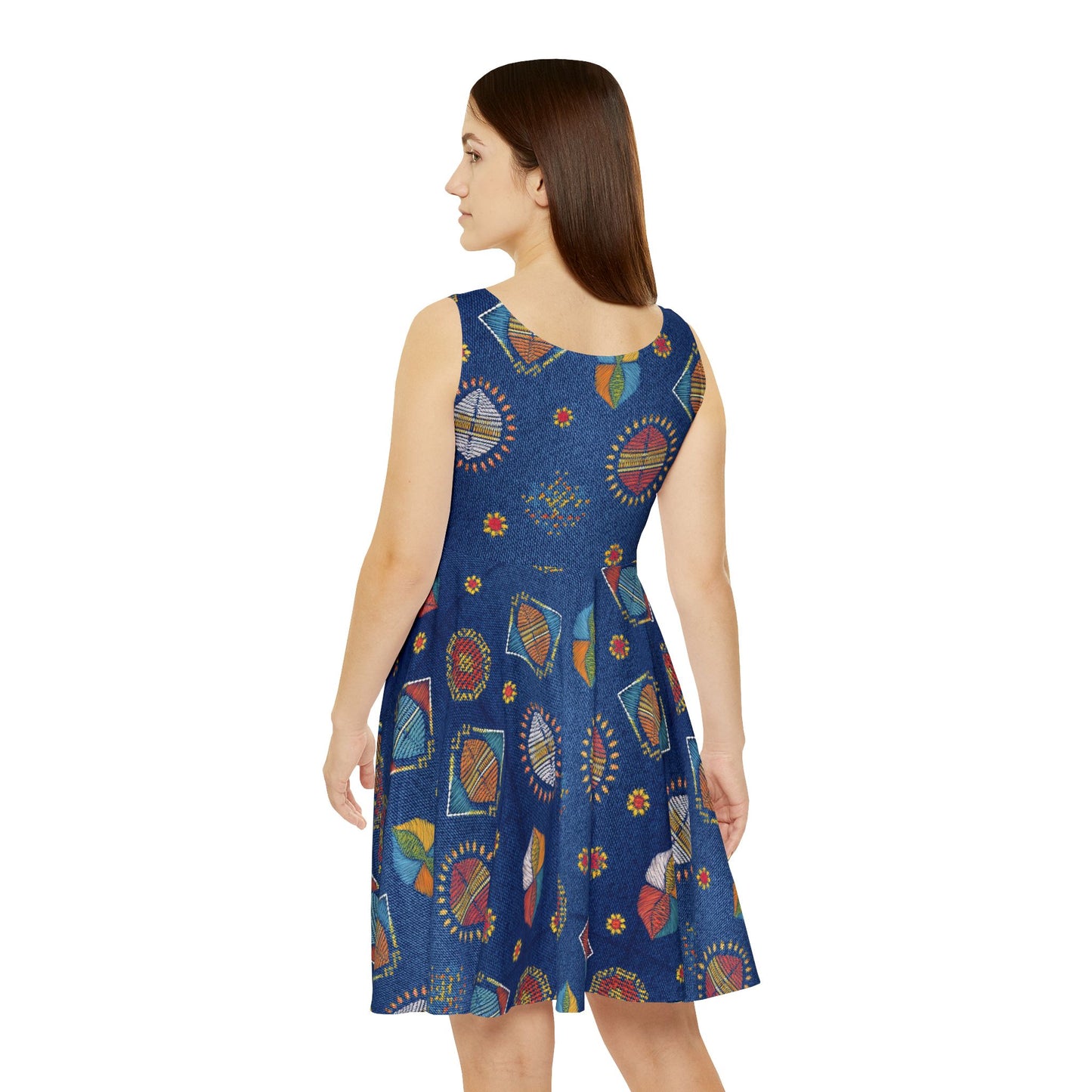 Women Denim Print Skater Dress, Denim Print Poly-Span Dress - 43