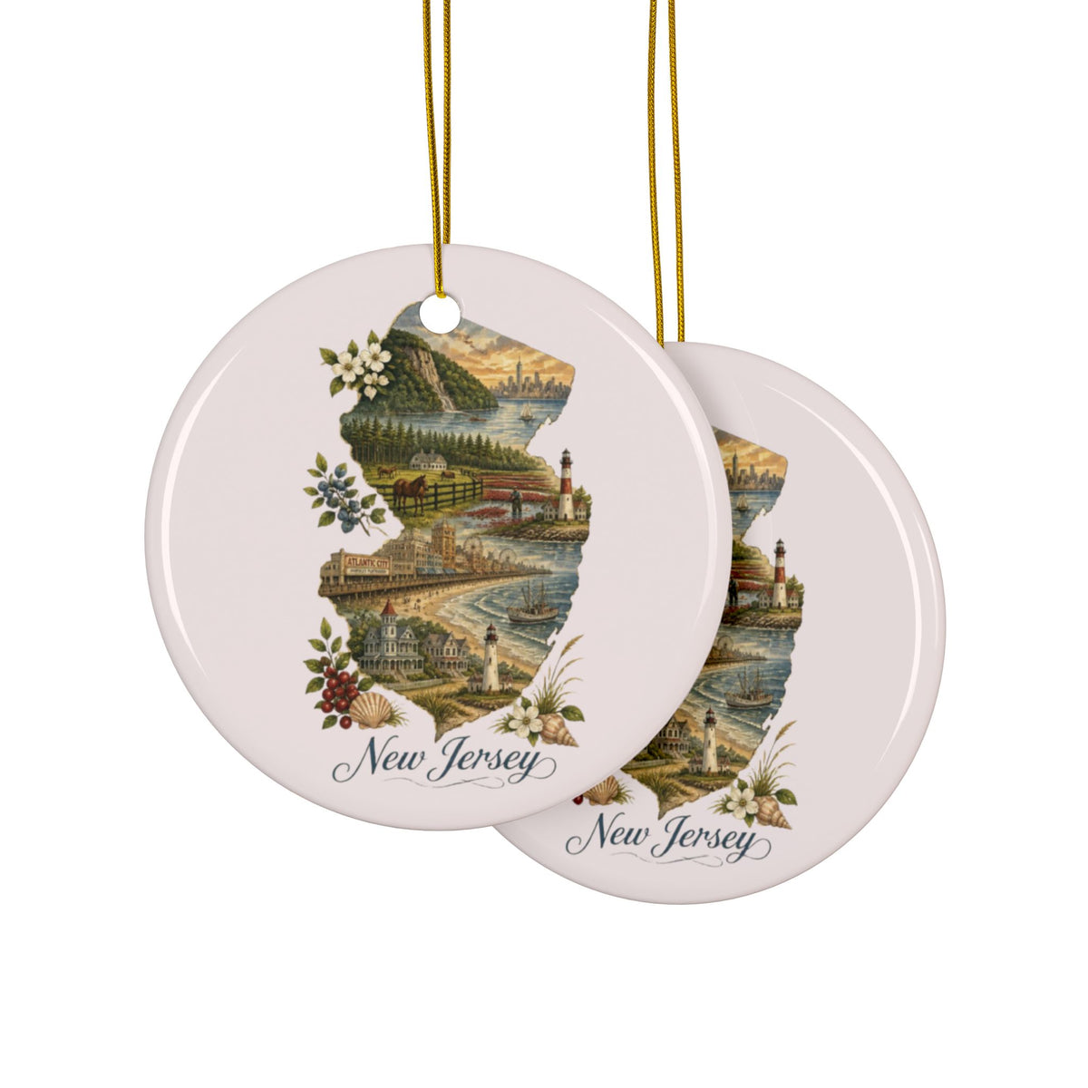 New Jersey State Map Illustration Ceramic Ornament | Round Holiday Decoration - 2.99" Includes Gold String