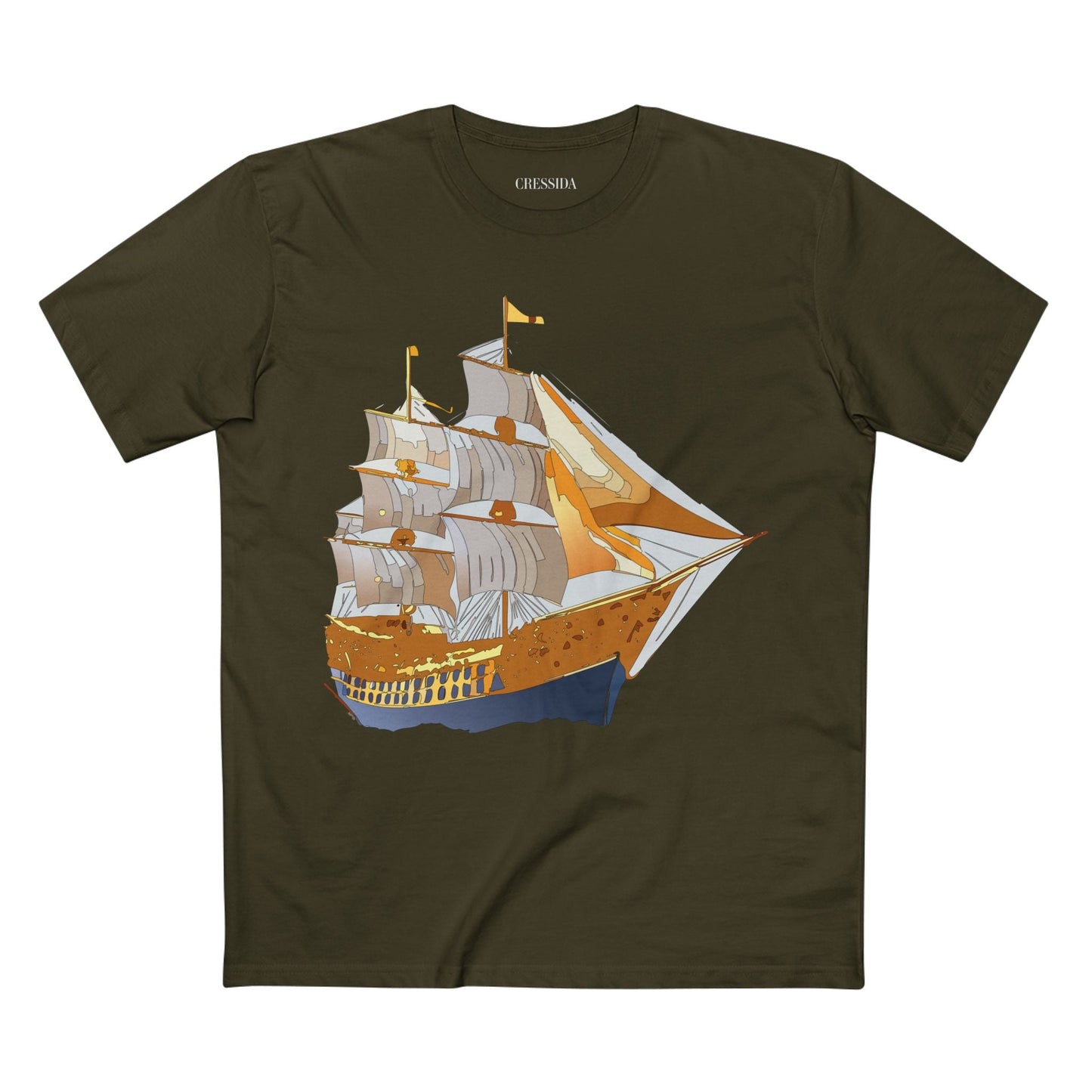Ship Graphic Unisex 100 Cotton T-Shirt with Gold Frigate Art Design 23