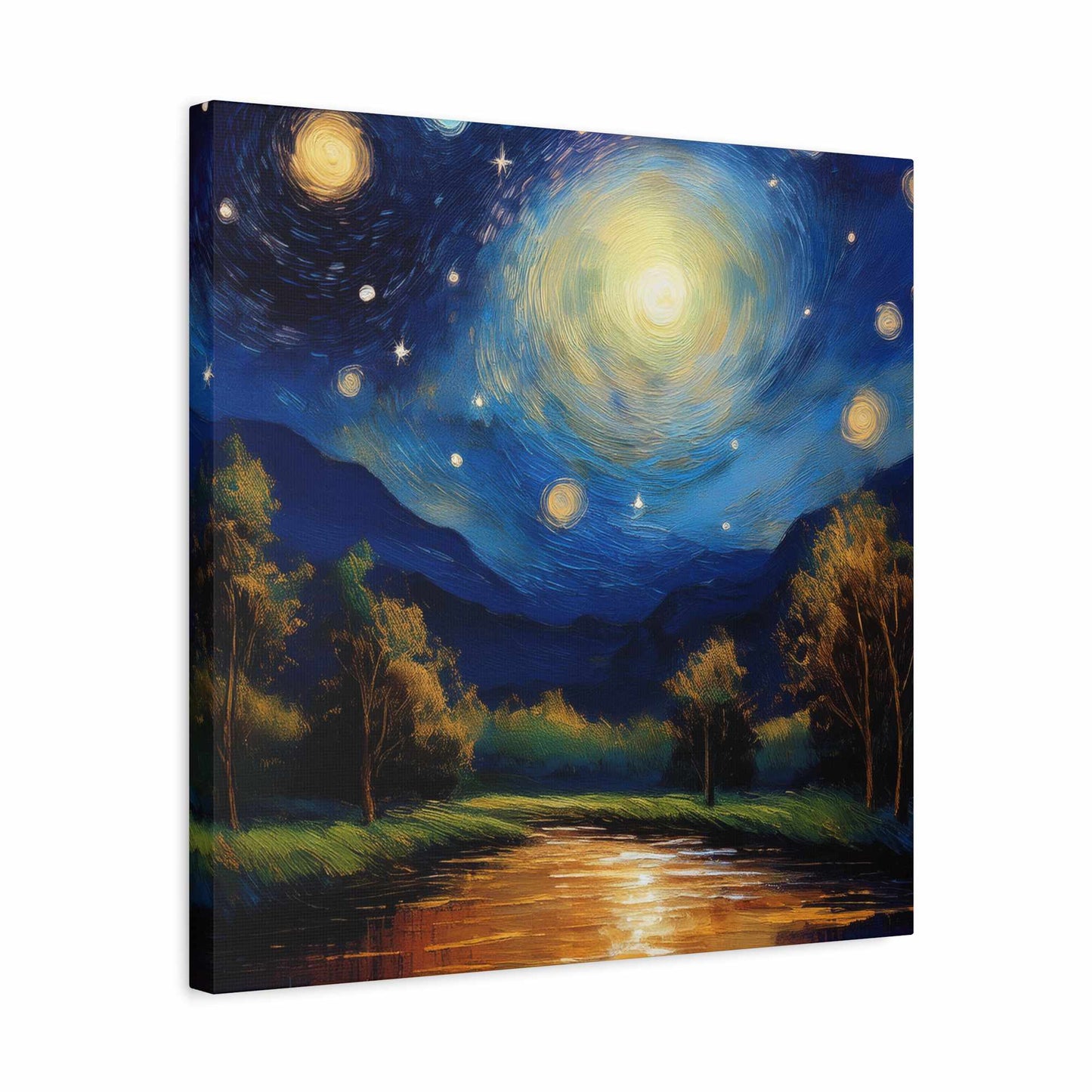Starry Night Print Canvas, Oil Paint Print 20x20, 24x24, 30x30, 32x32, 36x36 Art Design Print Pine-Wood Inner Frame MC-38
