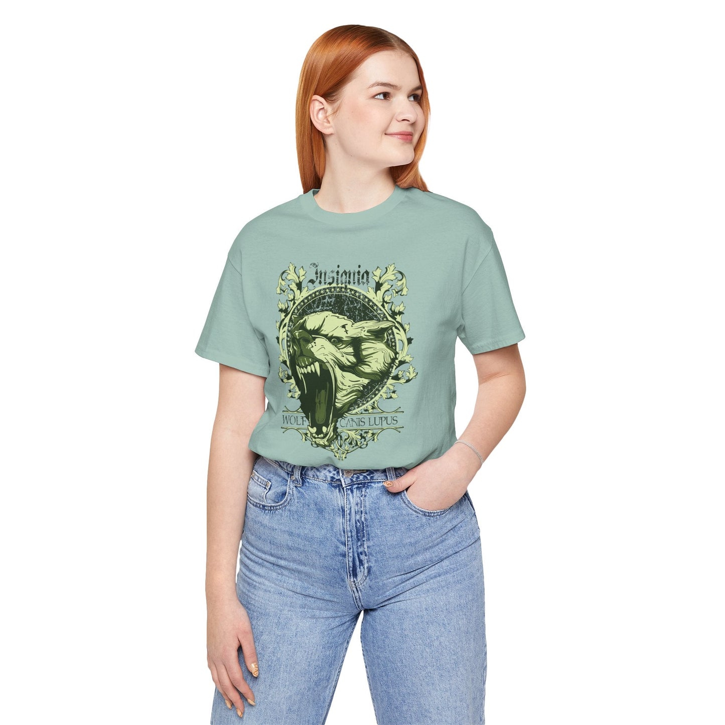 Howling Wolf Skull Tee Gothic Vintage Crest, Green Graphic Shirt Art-54