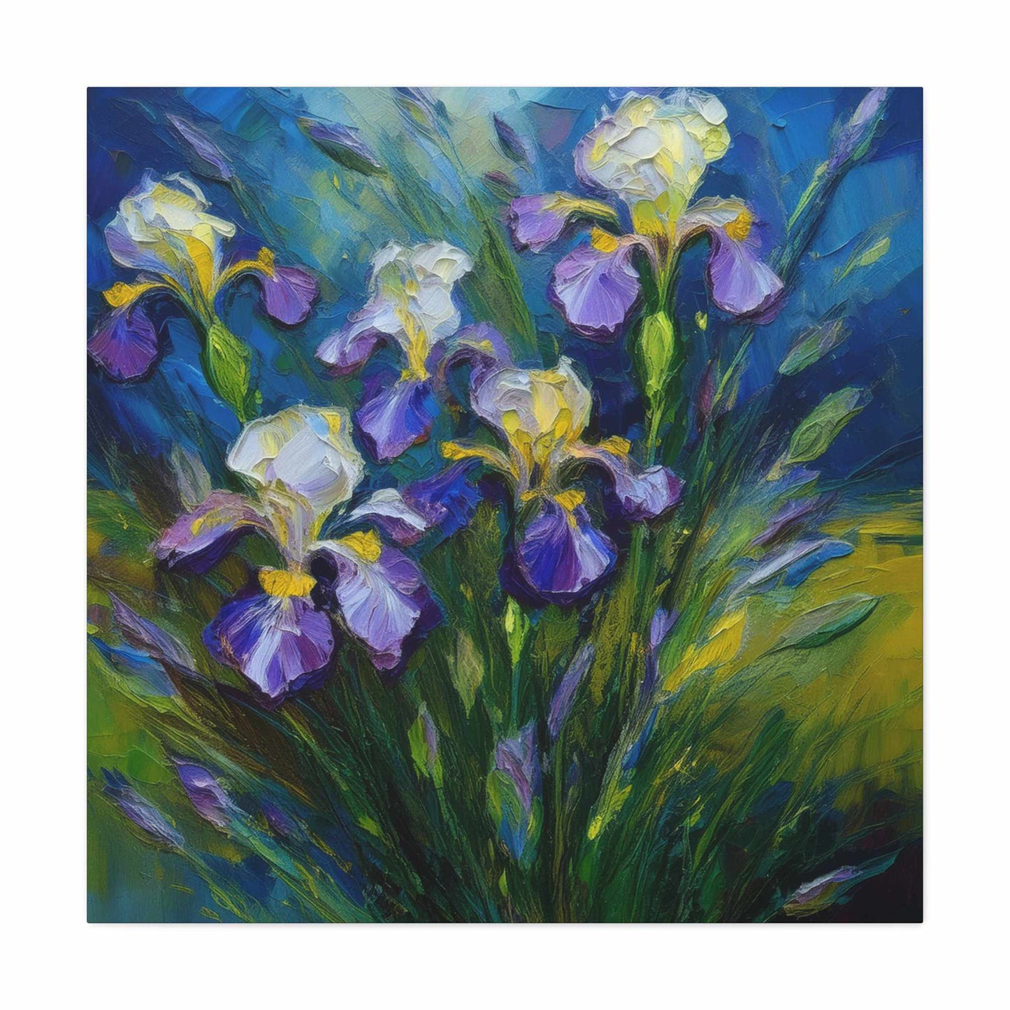 Irises Floral Print Canvas, Floral Oil Paint Print 20x20, 24x24, 30x30, 32x32, 36x36 Art Design Pine-Wood Inner Frame MC-185