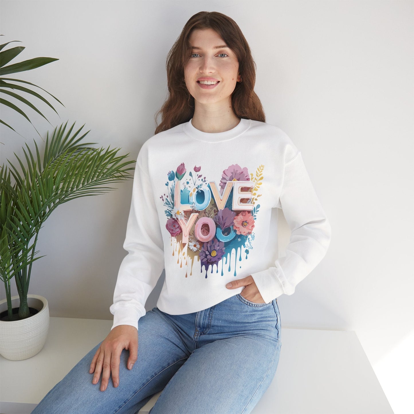Floral Love Sweatshirt Unisex Heavy Blend Crewneck Valentine Day Flower Print Cozy Fleece Warm Gift