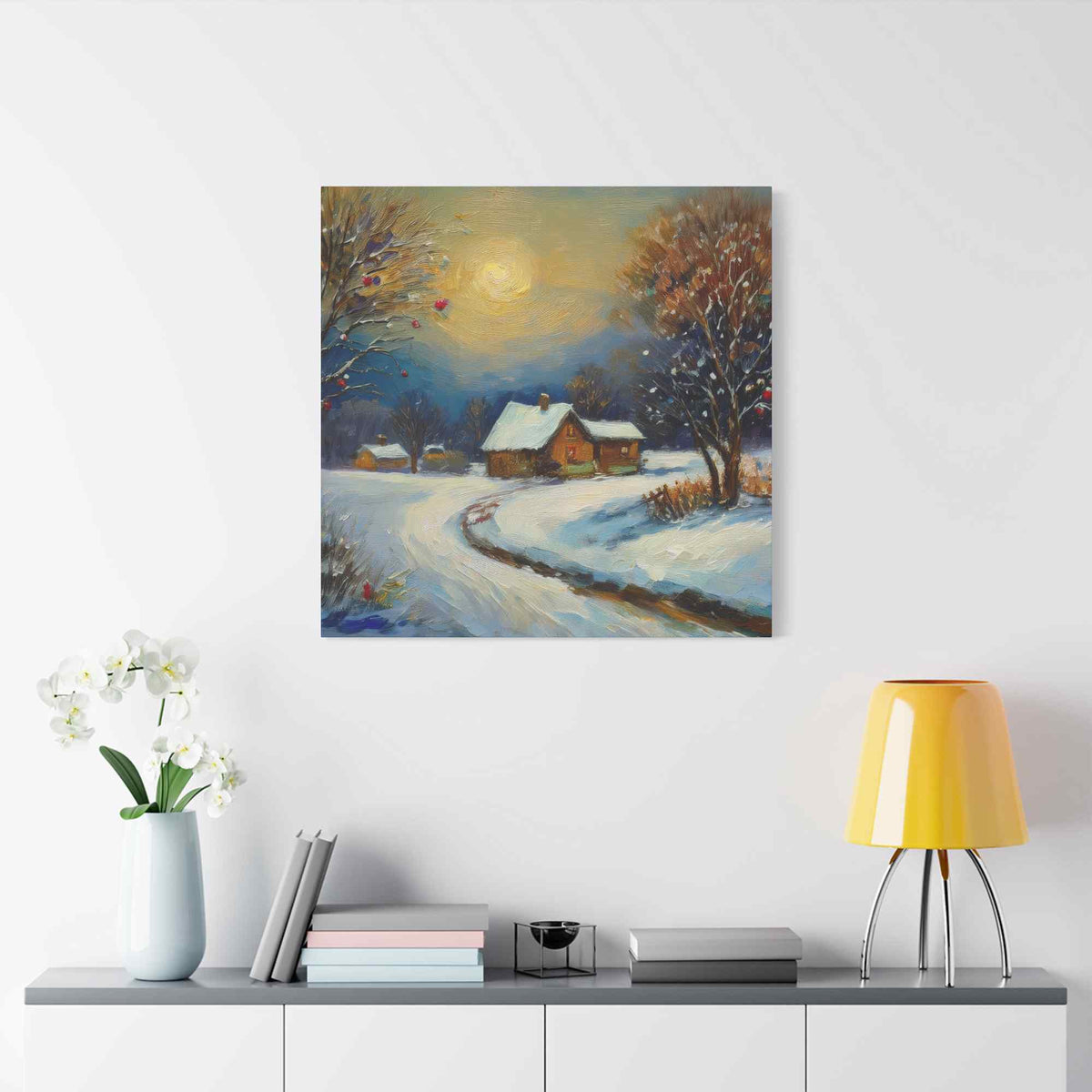 Countryside Winter Print Canvas, Oil Paint Print 20x20, 24x24, 30x30, 32x32, 36x36 Art Design Pine-Wood Inner Frame MC-112