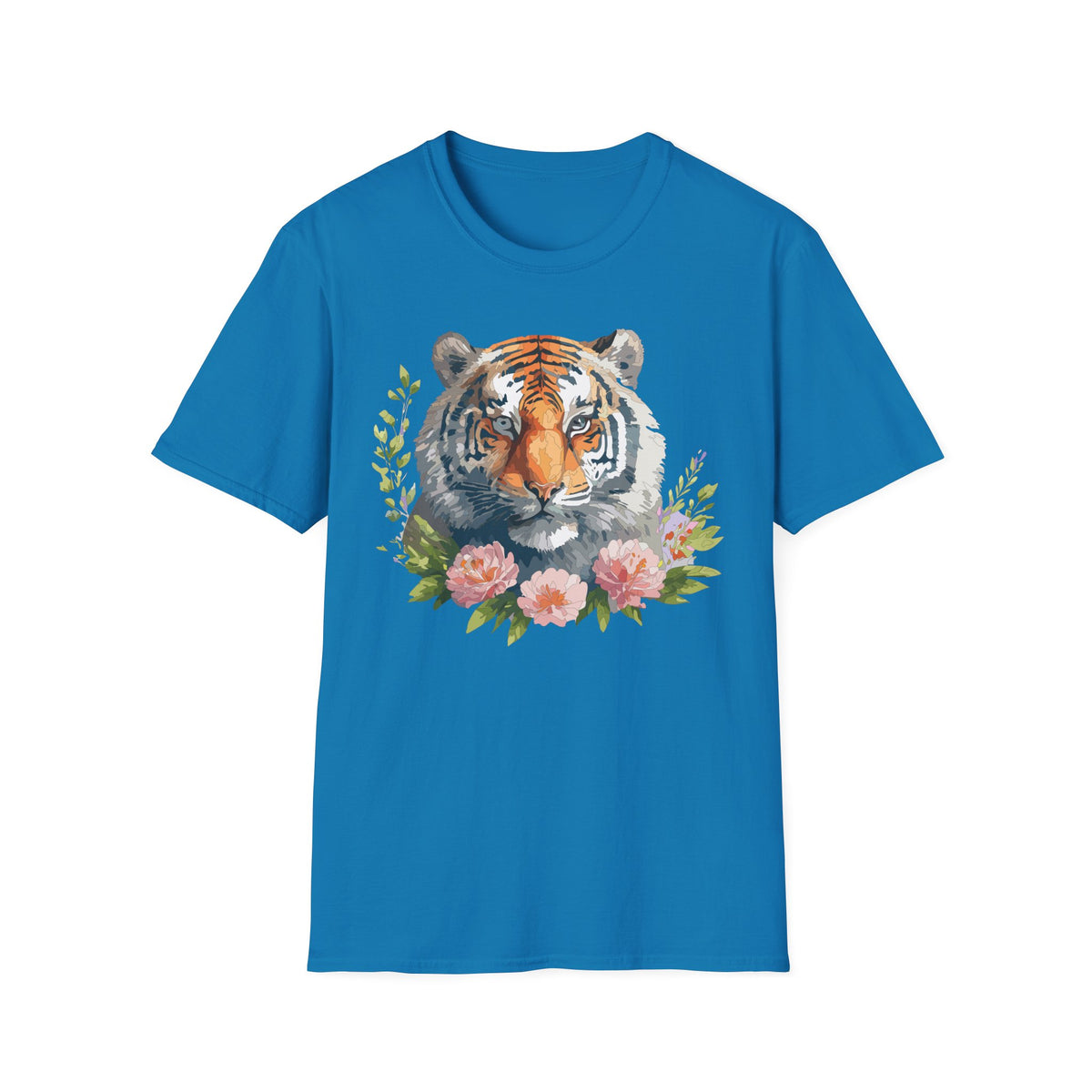 Watercolor Tiger Head T-Shirt | Floral Accents, Botanical Illustration