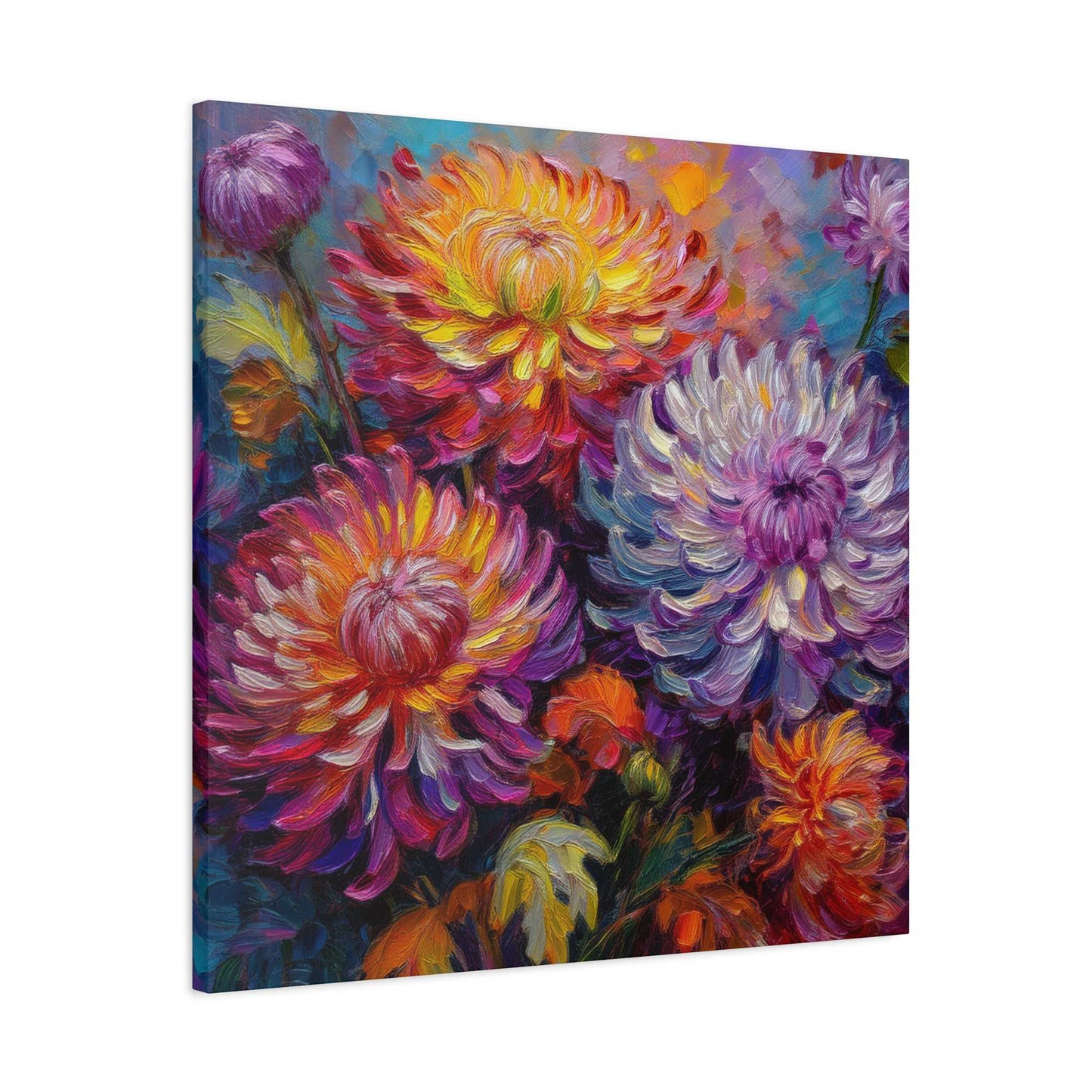 Chrysanthemums Print Canvas, Floral Oil Paint Print 20x20, 24x24, 30x30, 32x32, 36x36 Art Design Pine-Wood Inner Frame MC-158