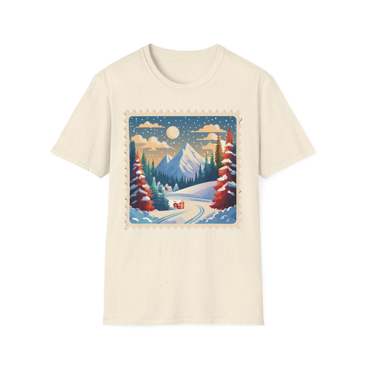 Vintage Winter Mountain Scene T-Shirt | Snowy Peaks Forest Illustration