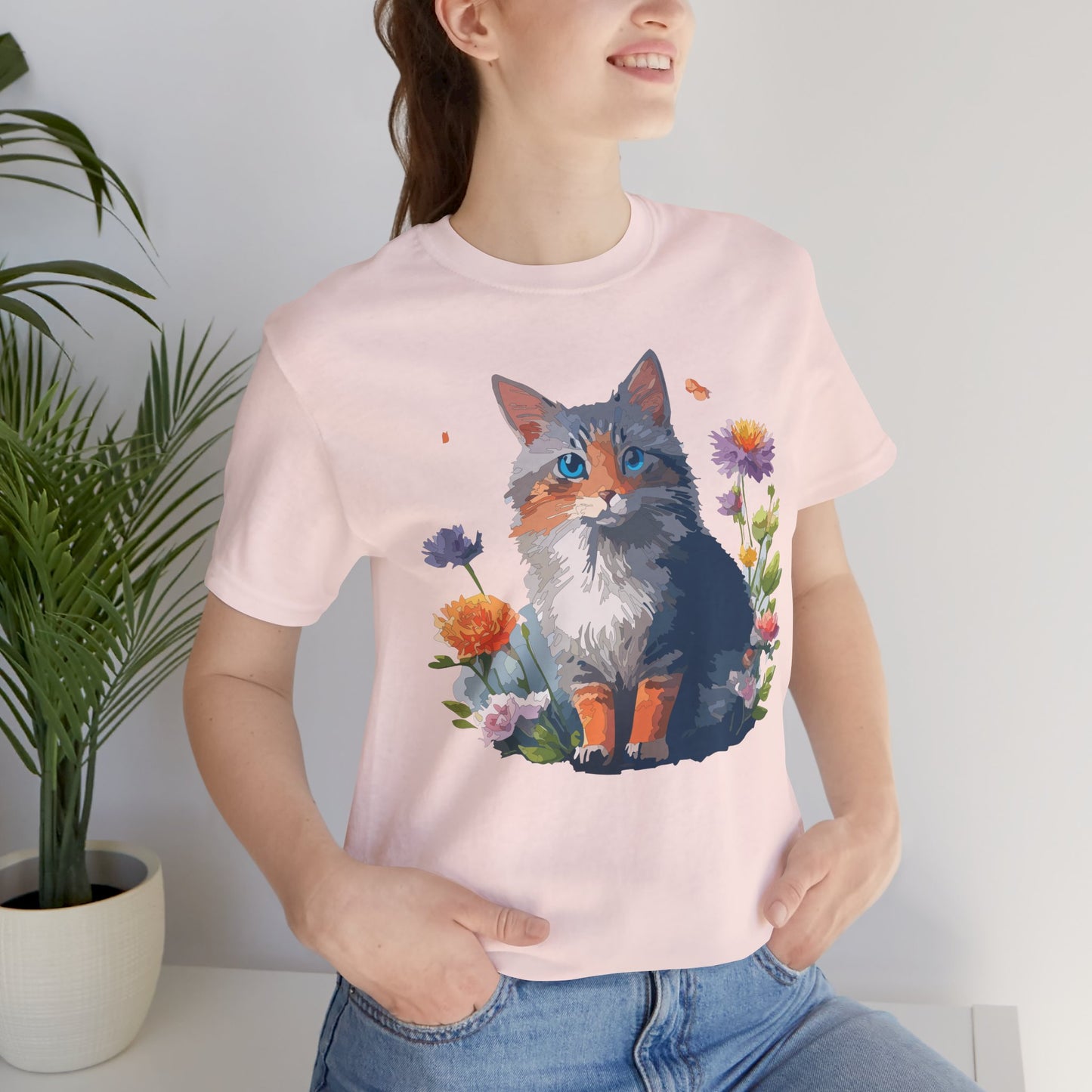 Floral Cat Tee, Animal Shirt, Cat Shirt, Floral Tee, Flower T-shirt, T-Shirt with Animal, Summer Top with Art Design
