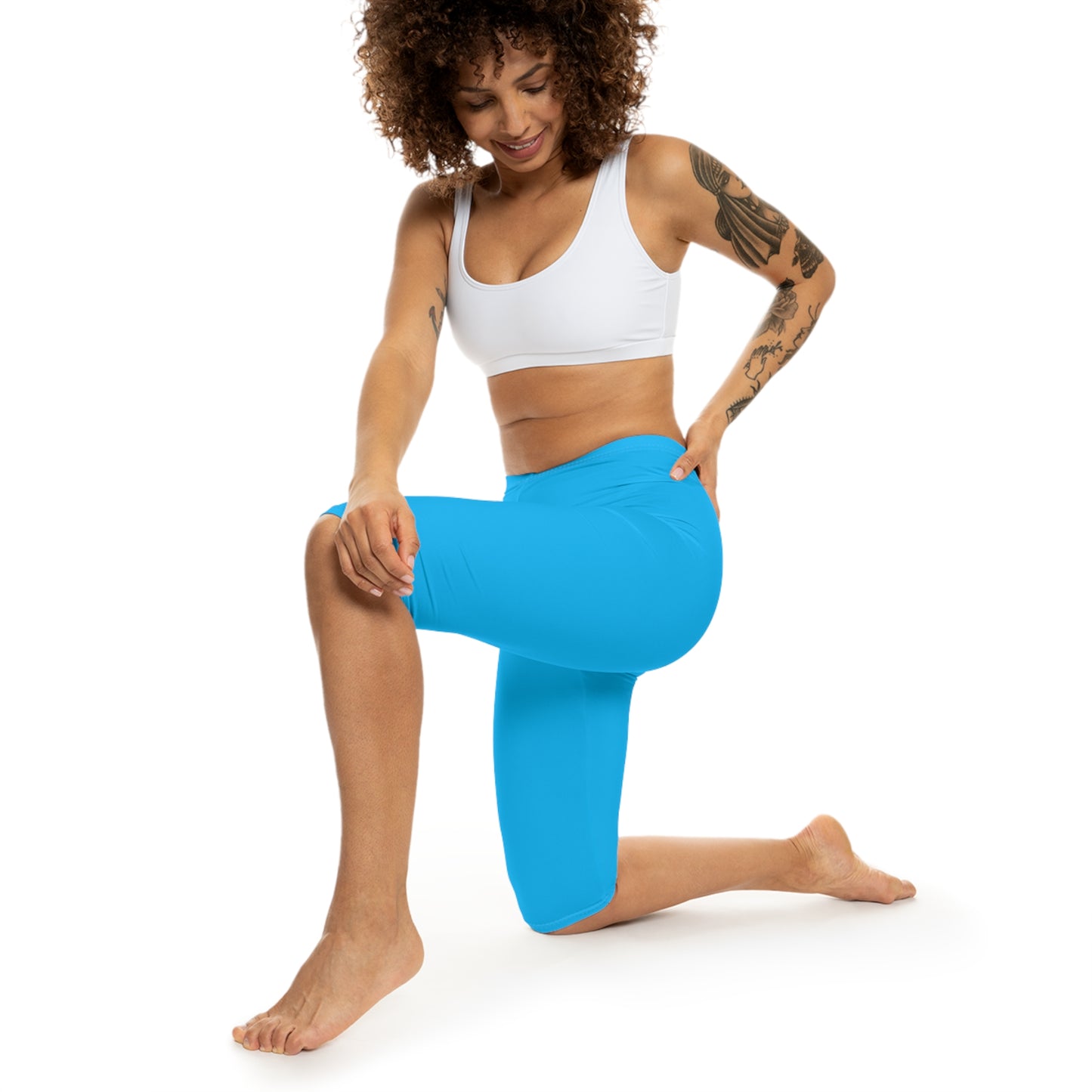 Deep Sky Blue Color Women's Brushed Suede Poly Span Casual Capri Leggings XS-2XL