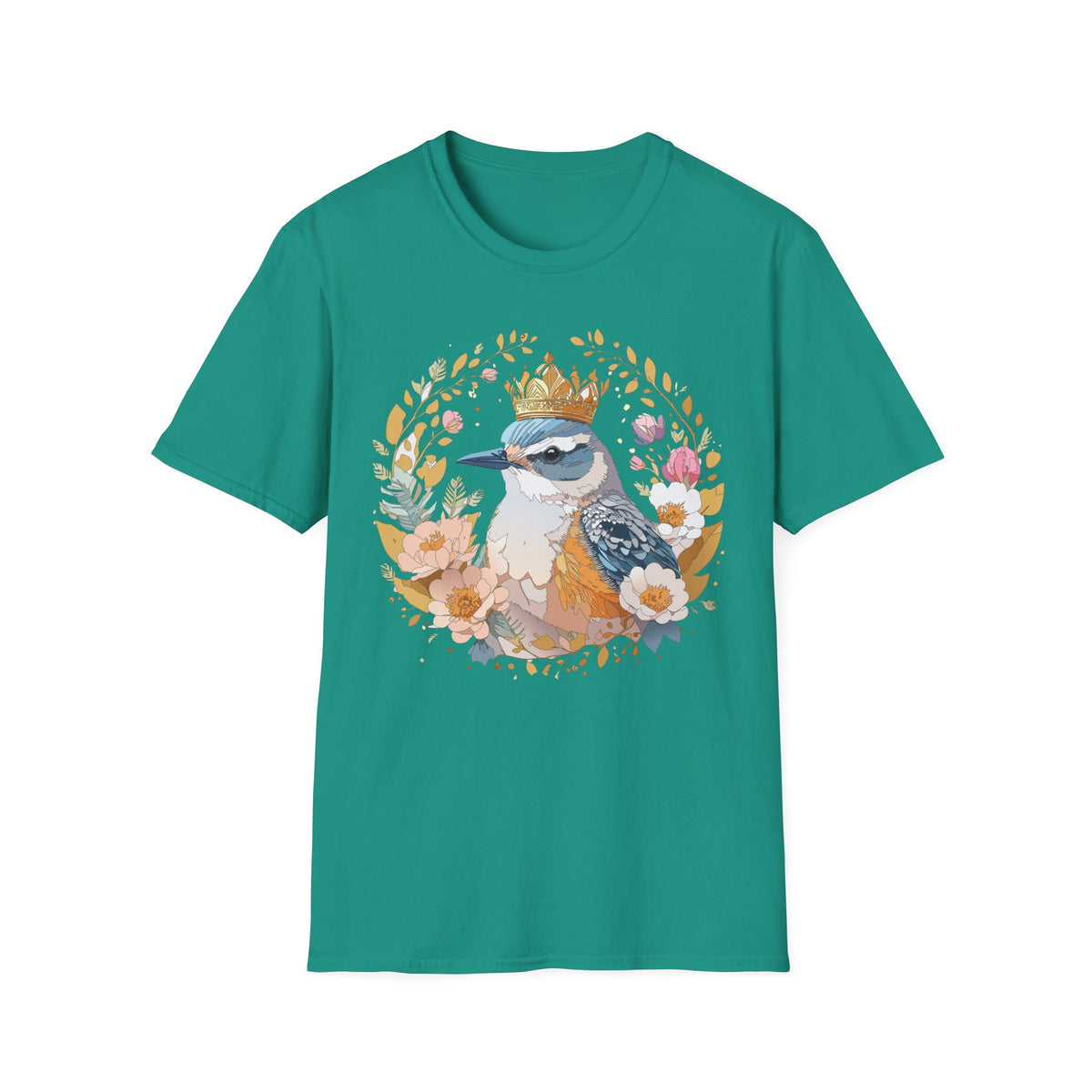 Crowned Bluebird Floral Illustration T-Shirt | Whimsical Bird Art