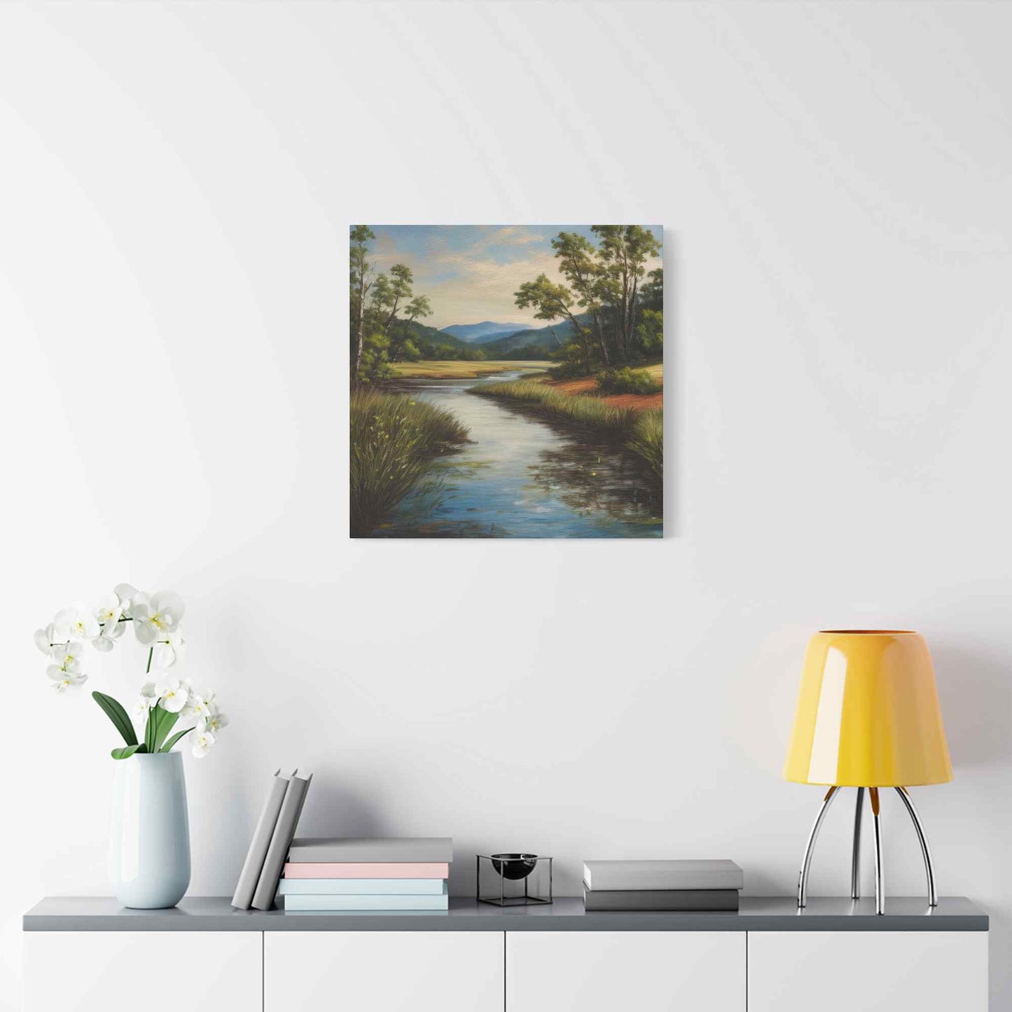 River Print Canvas, Landscape Oil Paint Print 20x20, 24x24, 30x30, 32x32, 36x36 Art Design Print Pine-Wood Inner Frame MC-50