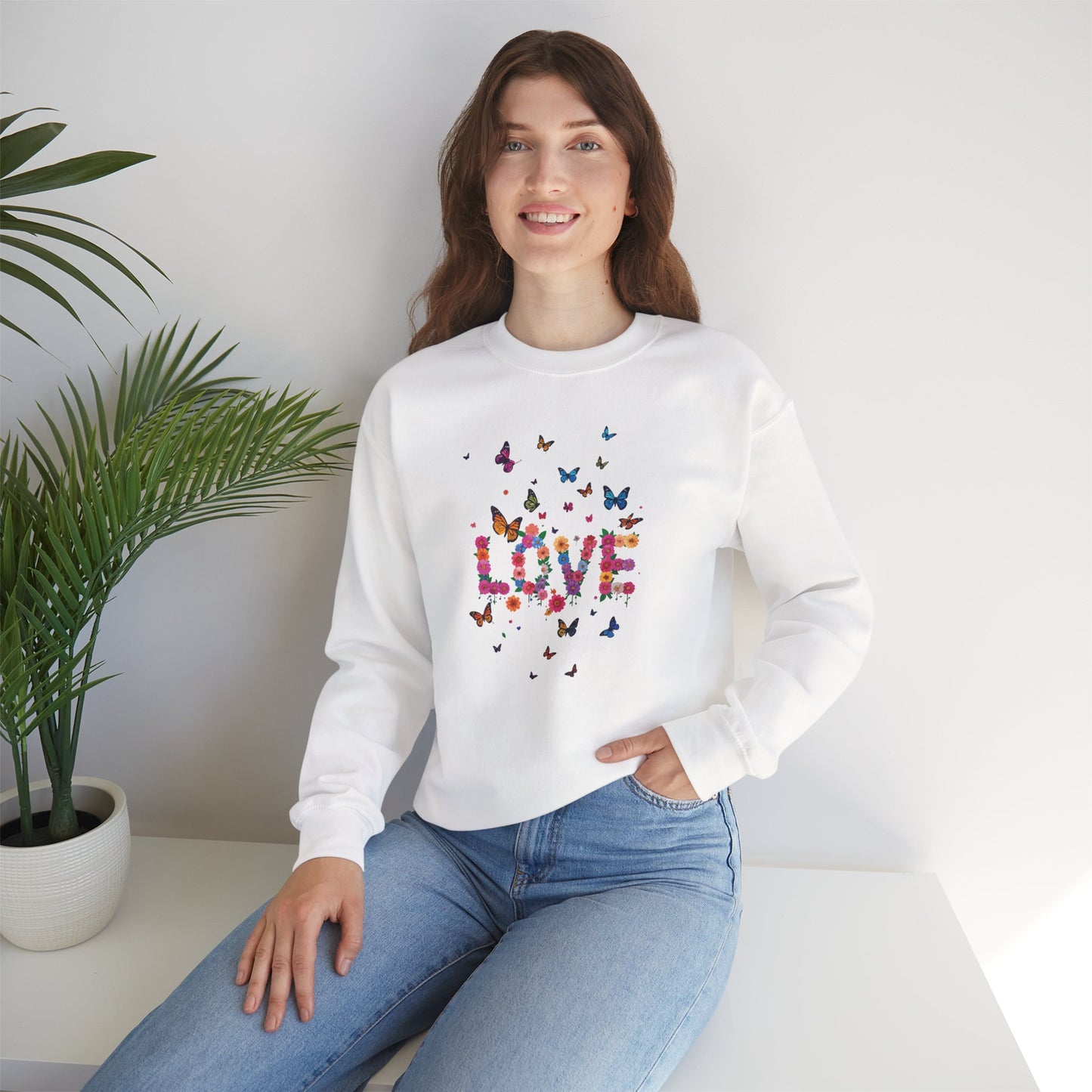 Unisex Floral Love Sweatshirt, Love Floral Sweatshirt, Floral Butterfly Sweatshirt, 50/50 Cotton-Poly Valentine's Day Sweatshirt 08