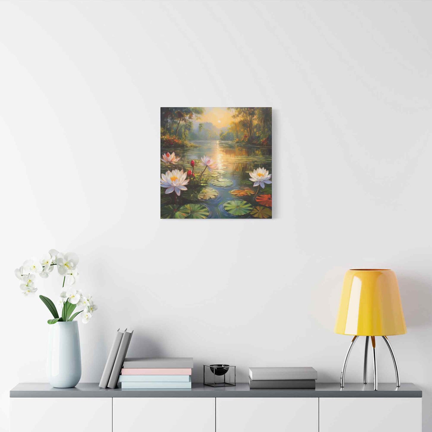 Water Lilies Print Canvas, Oil Paint Print 20x20, 24x24, 30x30, 32x32, 36x36 Floral Art Print Pine-Wood Inner Frame MC-65