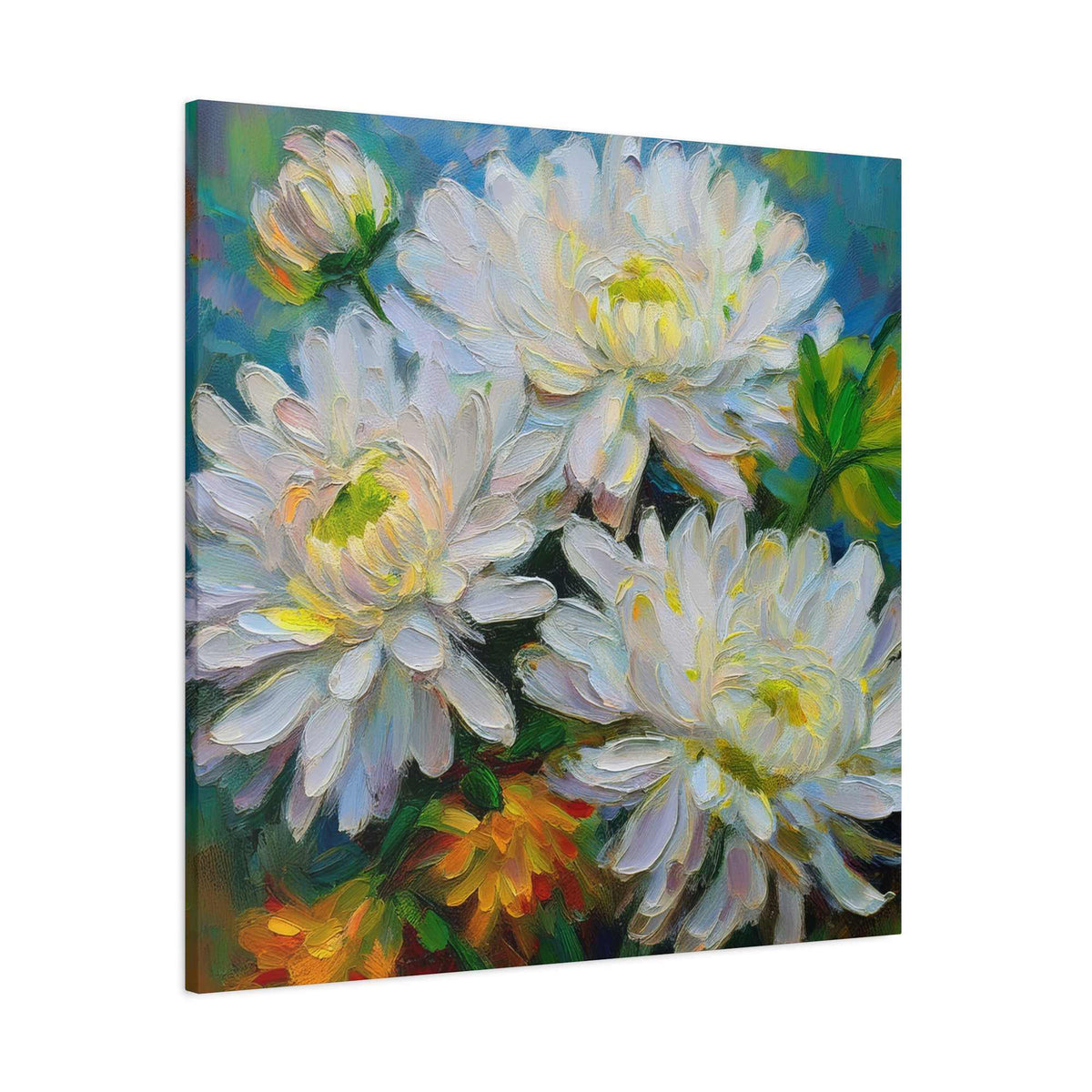 Chrysanthemums Print Canvas, Floral Oil Paint Print 20x20, 24x24, 30x30, 32x32, 36x36 Art Design Pine-Wood Inner Frame MC-161