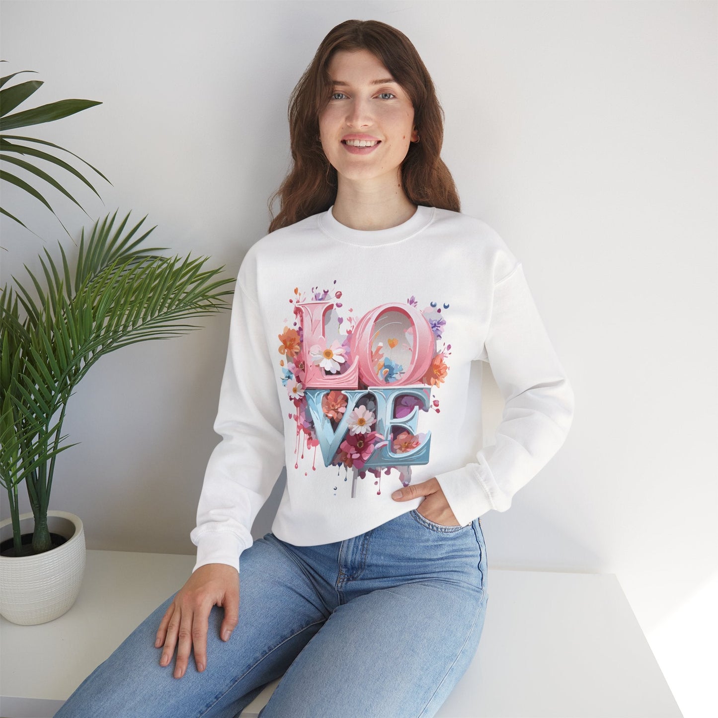 Floral Love Sweatshirt Unisex Love Flower Valentines Day Crewneck Gildan 18000 50 50 Cotton Polyester