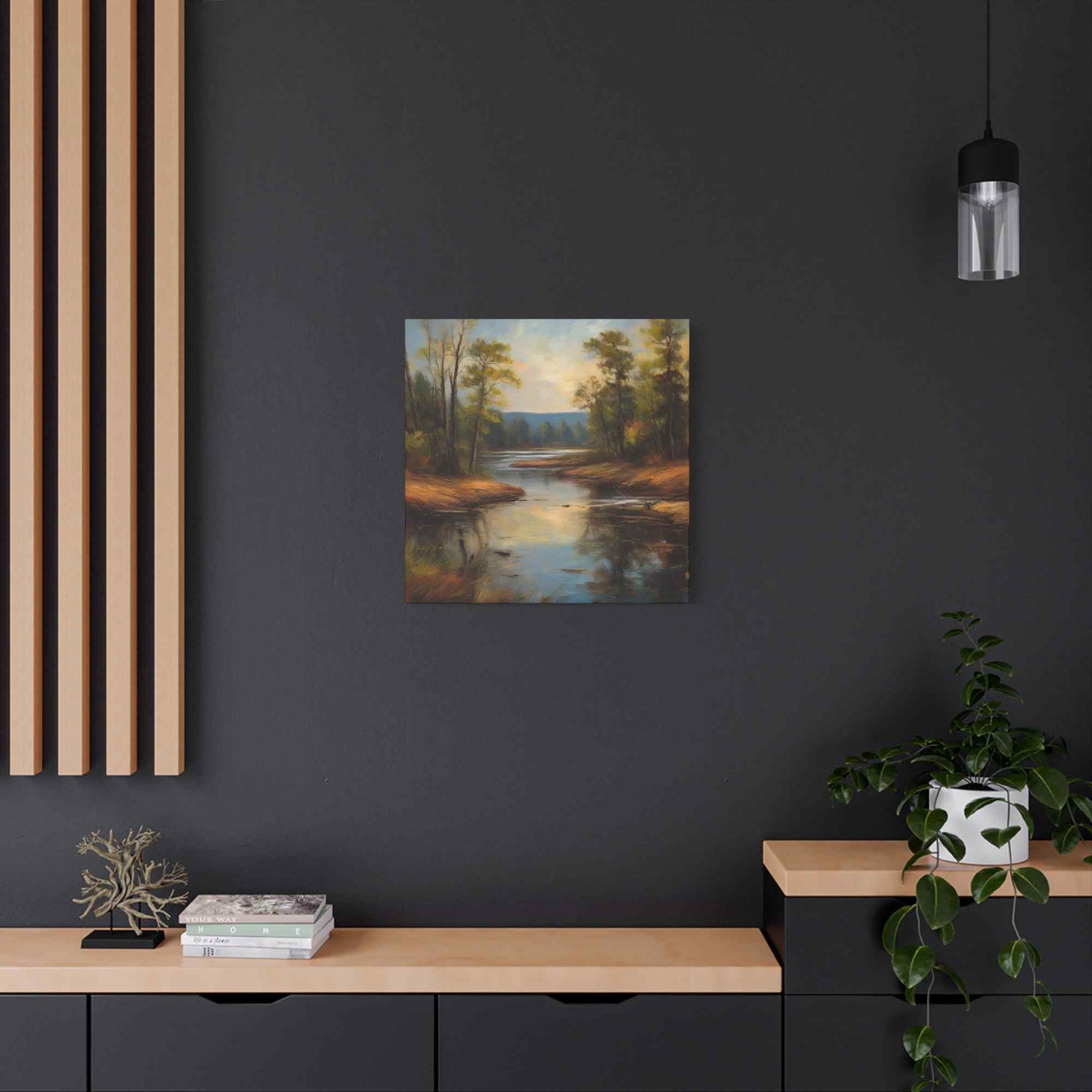River Print Canvas, Landscape Oil Paint Print 20x20, 24x24, 30x30, 32x32, 36x36 Art Design Print Pine-Wood Inner Frame MC-51