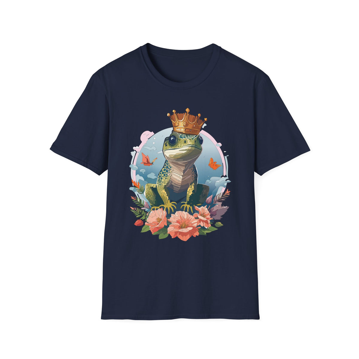 Frog Prince T-Shirt | Crowned Frog Illustration, Floral Accent