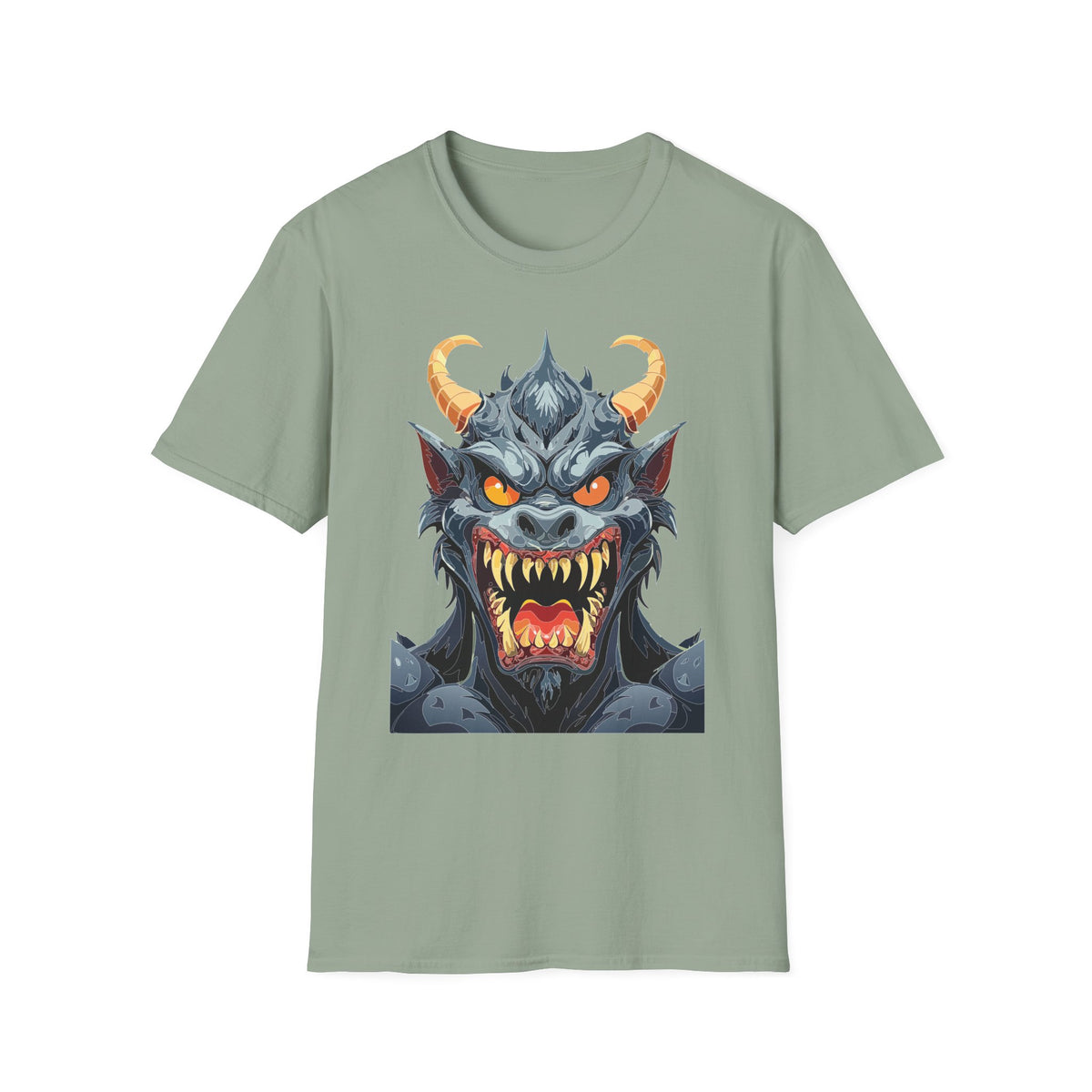 Demonic Monster Face T-Shirt — Fierce Horned Demon Cartoon Graphic Tee Unisex 100 Cotton Gildan T-Shirt