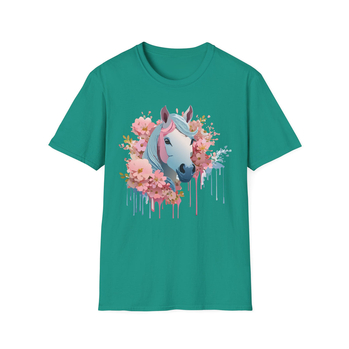 Pastel Floral Unicorn T-Shirt | Horse Portrait, Pink Blue Mane