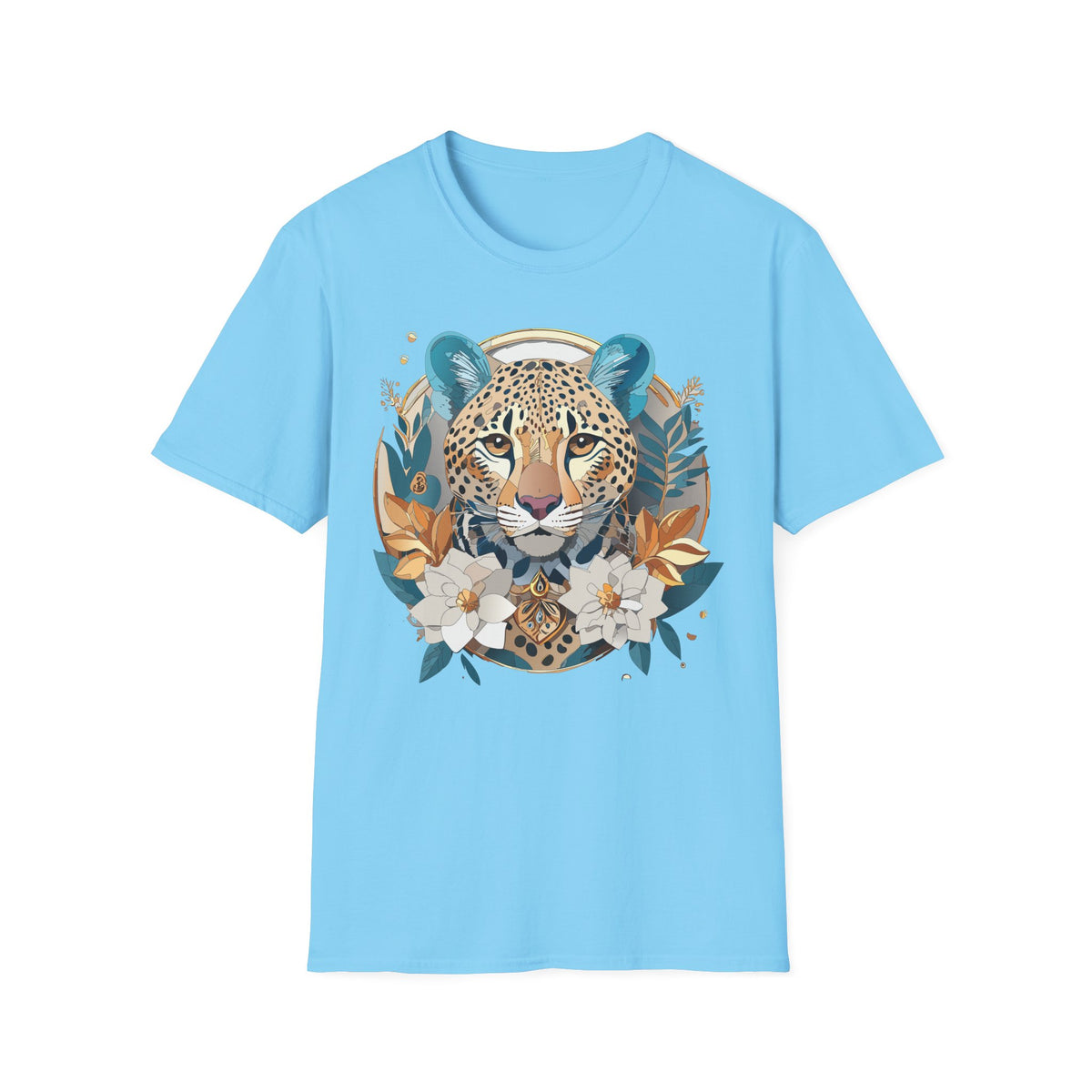 Boho Cheetah Face T-Shirt | Floral Leaves Illustration