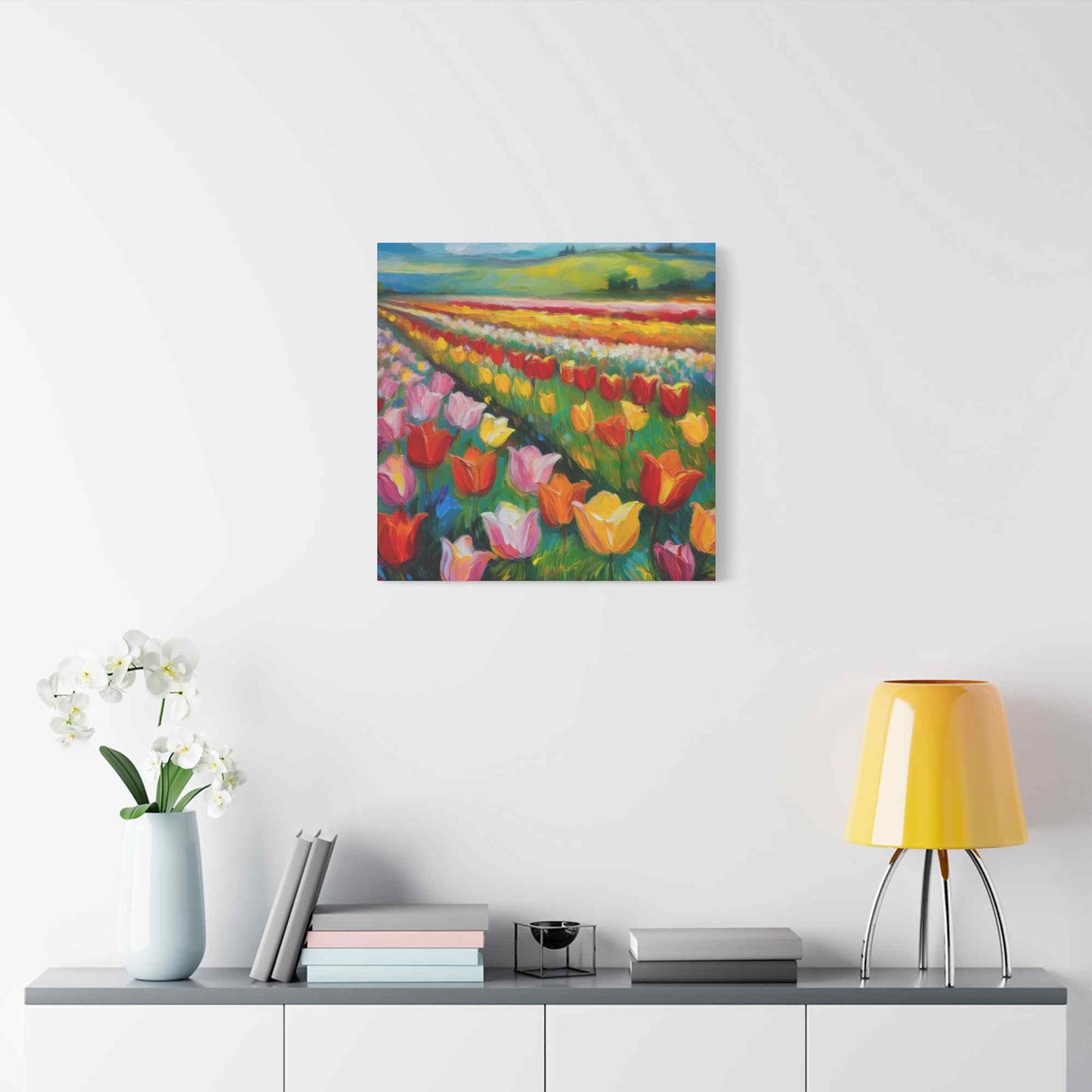 Tulips Fields Print Canvas, Floral Oil Paint Print 20x20, 24x24, 30x30, 32x32, 36x36 Art Design Pine-Wood Inner Frame MC-147