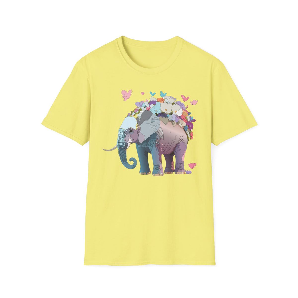 Floral Elephant Illustration T-Shirt | Butterfly Heart Garden Graphic Tee Unisex 100 Cotton Gildan T-Shirt
