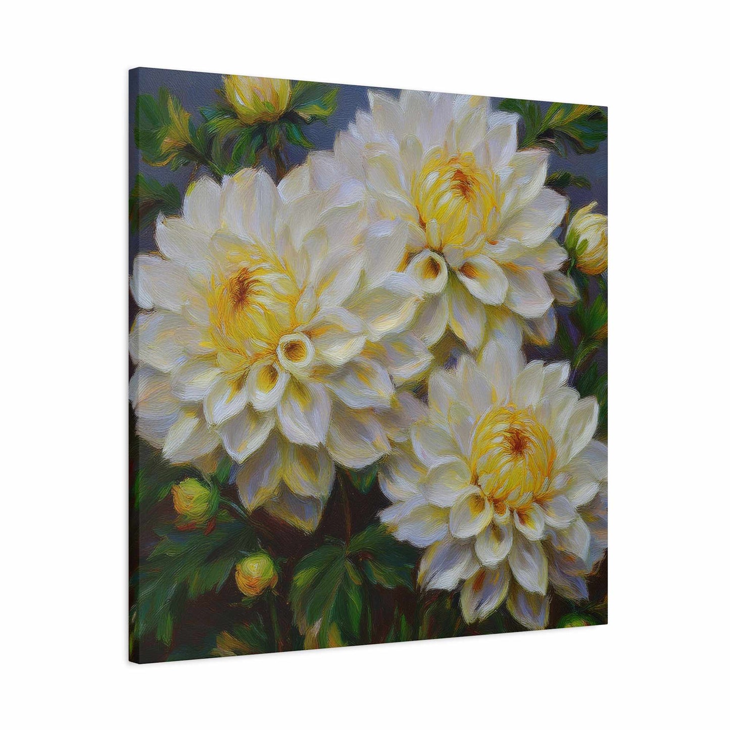 White Dahlias Print Canvas, Floral Oil Paint Print 20x20, 24x24, 30x30, 32x32, 36x36 Art Design Pine-Wood Inner Frame MC-168