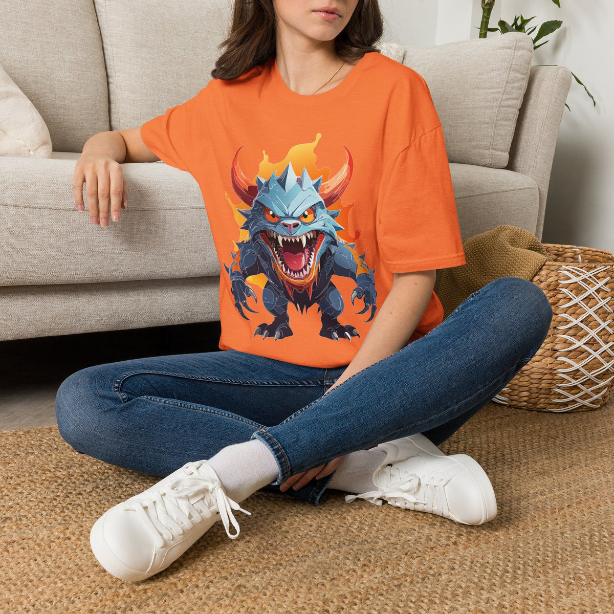 Monster Dragon T-Shirt — Fierce Fire-Breathing Creature Cartoon Graphic Tee Unisex 100 Cotton Gildan T-Shirt