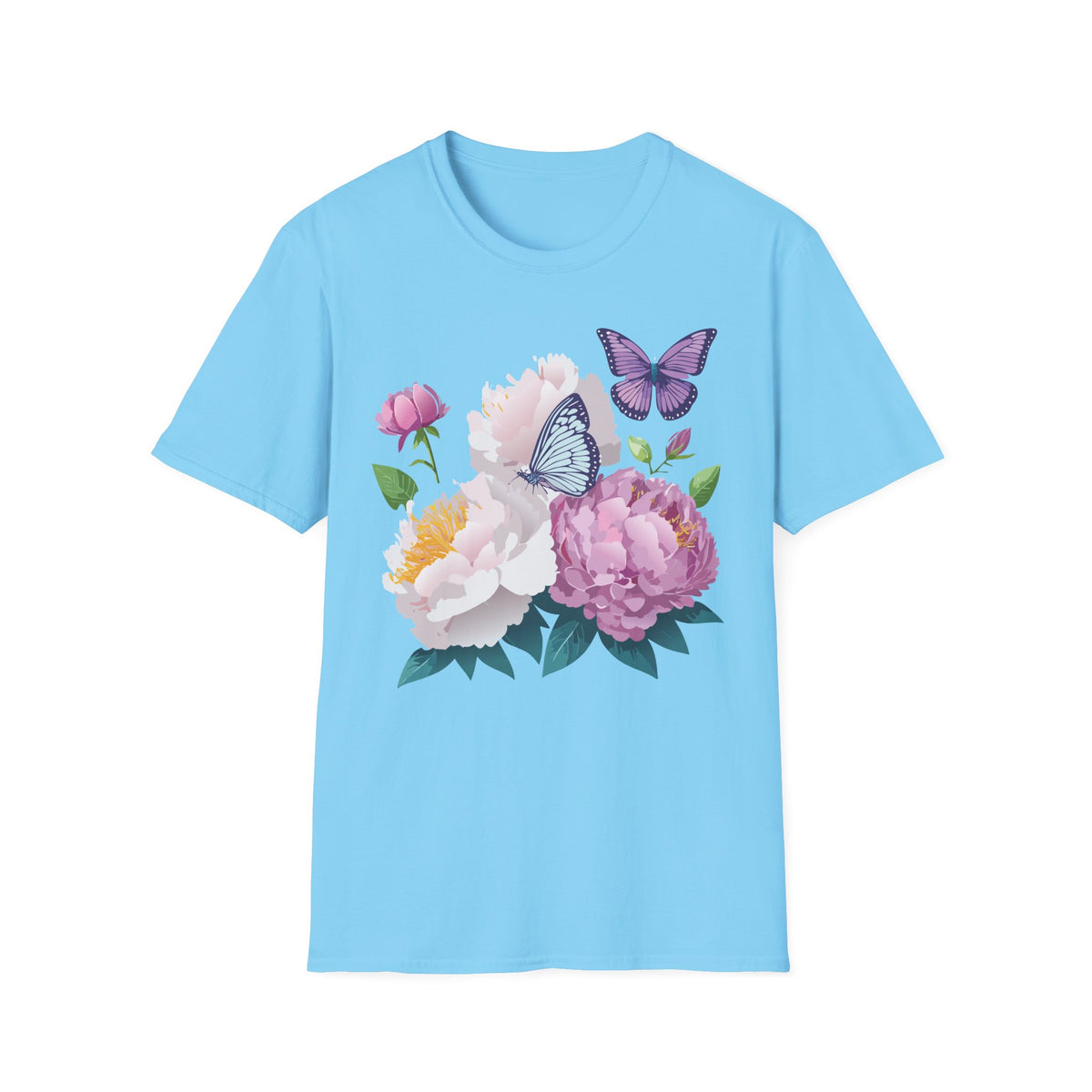 Floral Peonies & Butterflies T-Shirt — pastel garden tee for spring, Mother's Day Graphic Tee Unisex 100 Cotton Gildan T-Shirt